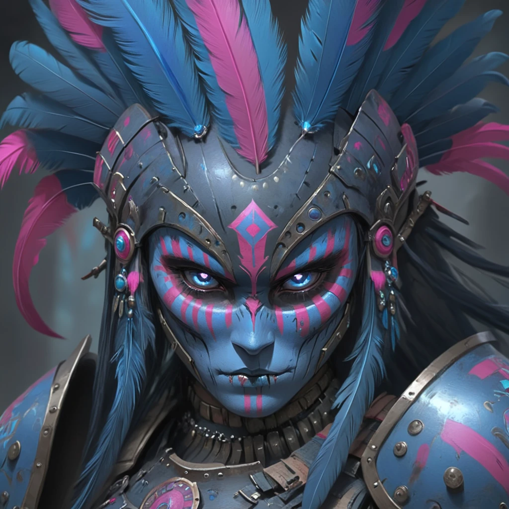 <lora:Crimson_LuminarySDXL:1> ArsMJStyle, Crimson Luminary, The image shows an animated woman with blue face paint and pink feathers on her head holding a weapon in her hand with a blurred background., 1girl, pointy ears, blue eyes, armor, long hair, shoulder armor, looking at viewer, jewelry, feathers, solo