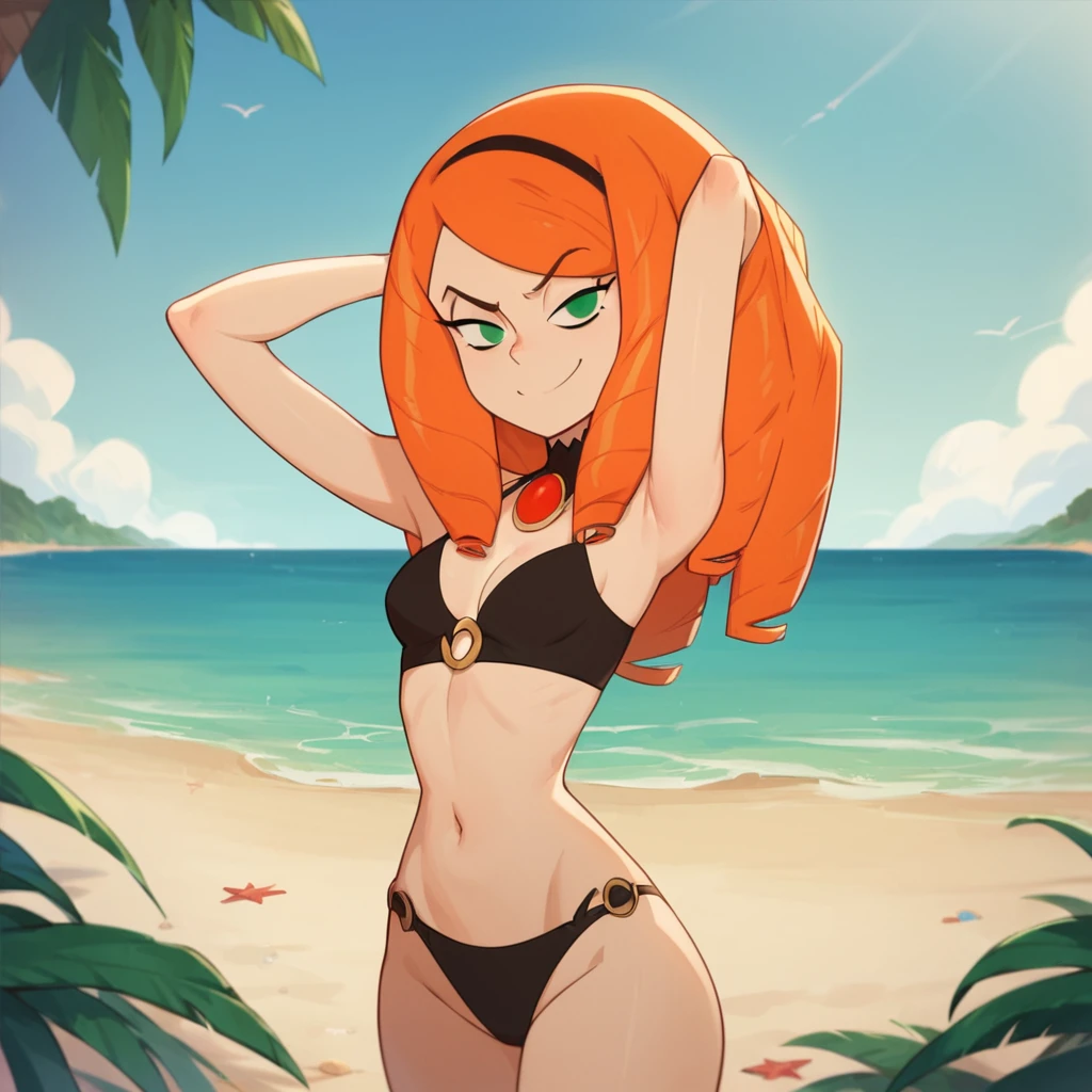 (2girls), (sunnymiamitf, huge breasts, narrow waist, wide hips, Sunglasses, teeth, straight hair, short hair, orange hair, black strapless bikini), (sunnymiamitf, huge breasts, narrow waist, wide hips, Sunglasses, teeth, straight hair, very long hair, blonde hair, ponytail, blue strapless bikini), beach
