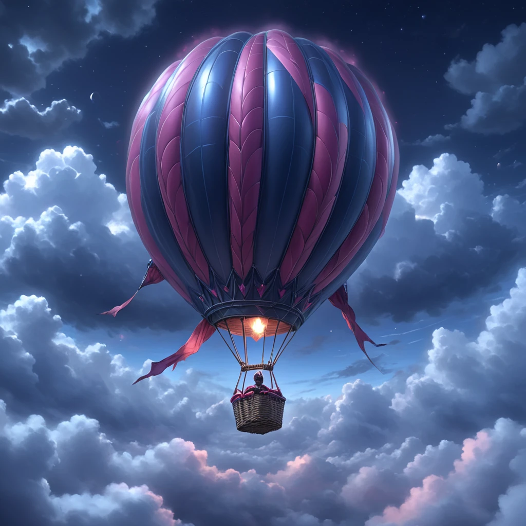 <lora:Crimson_LuminarySDXL:1> ArsMJStyle, Crimson Luminary, The image shows a hot air balloon flying through a cloudy sky with a person in the balloon creating a beautiful and animated scene., cloud, sky, cloudy sky, no humans, night, flying, outdoors, aircraft, fantasy, above clouds