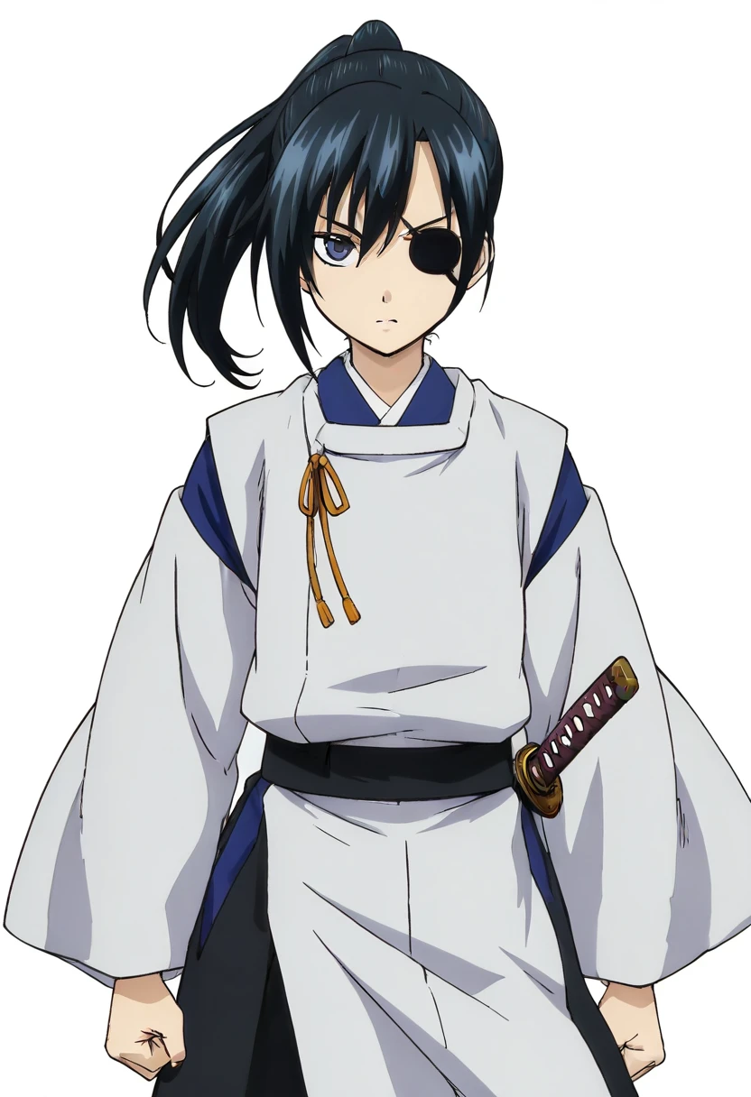 masterpiece, best quality, absurdres, detailed skin, detailed eyes, detailed face, anime colored, anime screencap, anime colored,
<lora:yagyu_kyuubei:0.8>, 1 girl, kyubei, looking at viewer, serious, cowboy shot,
<lora:kariginu:1>, ((kariginu)), hakama skirt, katana, cowboy shot,
(((white background))),