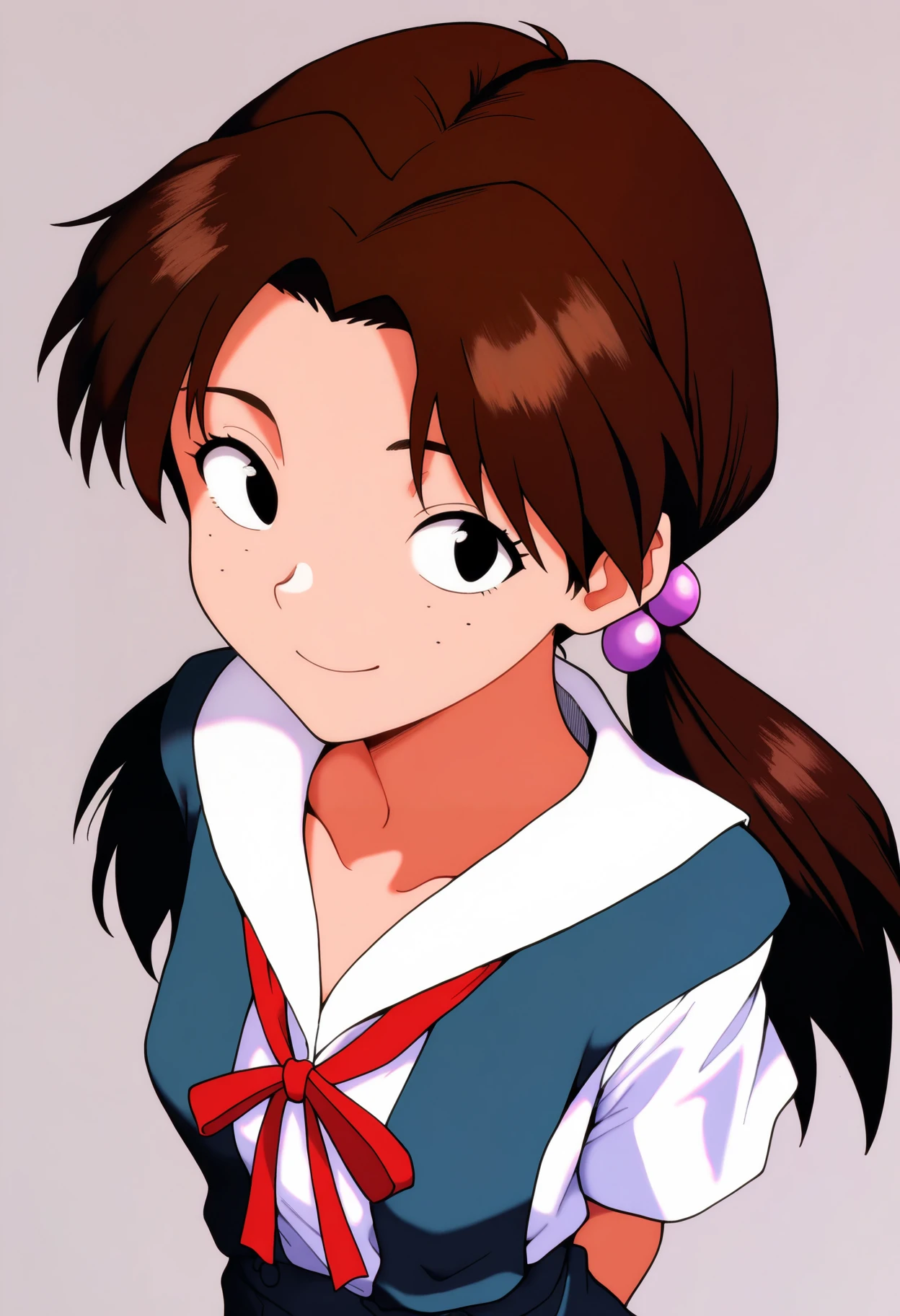 masterpiece, best quality, very aesthetic, absurdres,
1girl, hikari horaki, brown hair, twintails, freckles, hair bobbles, long hair, black eyes,
ribbon, short sleeves, suspender skirt, tokyo-3 uniform,
arms behind back, smile, upper body, looking at viewer, solo, simple background, white background <lora:HikariHorakiNoobXL_byKonan:1>