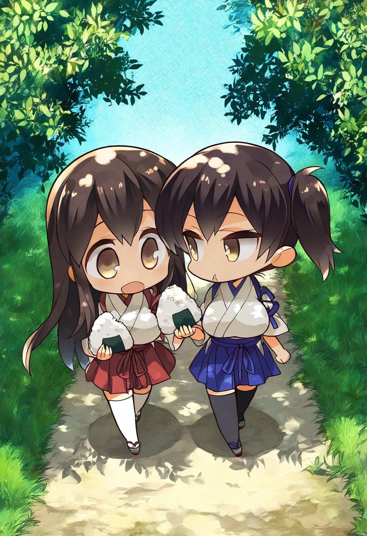 (masterpiece, best quality, highres, absurdres, very detailed, very aesthetic:1.22), (detailed eyes), large breasts, 2girls, akagi \(kancolle\), kaga \(kancolle\), detailed scenery, foliage, chibi, blue sky, grass path, dappled sunlight, shade, eating onigiri, open mouth, walking, looking at another, <lora:komowata_haruka_ct15v_1-04:1>