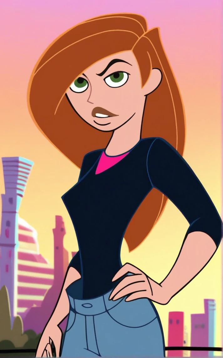 score_9, score_8_up, score_7_up, contrapposto, hand on hip, sunset, sidelighting, cityscape, vanishing point, outdoors, depth of field, solo, looking at viewer, <lora:PONYXL_STYLE_KimPossibleTV_ownwaifu:1>, BREAK Female_KimPossibleTV_ownwaifu, flat color, parody, 1girl, breasts, jewelry, makeup, long hair, shirt ,