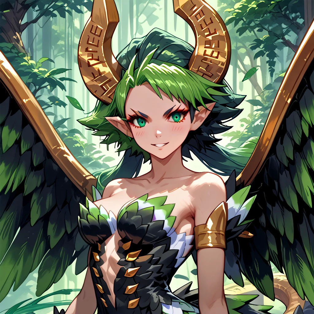 score_9, score_8_up, score_7_up, score_6_up, source_anime,GEN,
BREAK
Garuda Dragalia, black and green hair, short hair, green eyes, horns, large breasts, wings, harpy, feathers, wide hips, tail, thigh boots, high heel boots, close up, portrait face