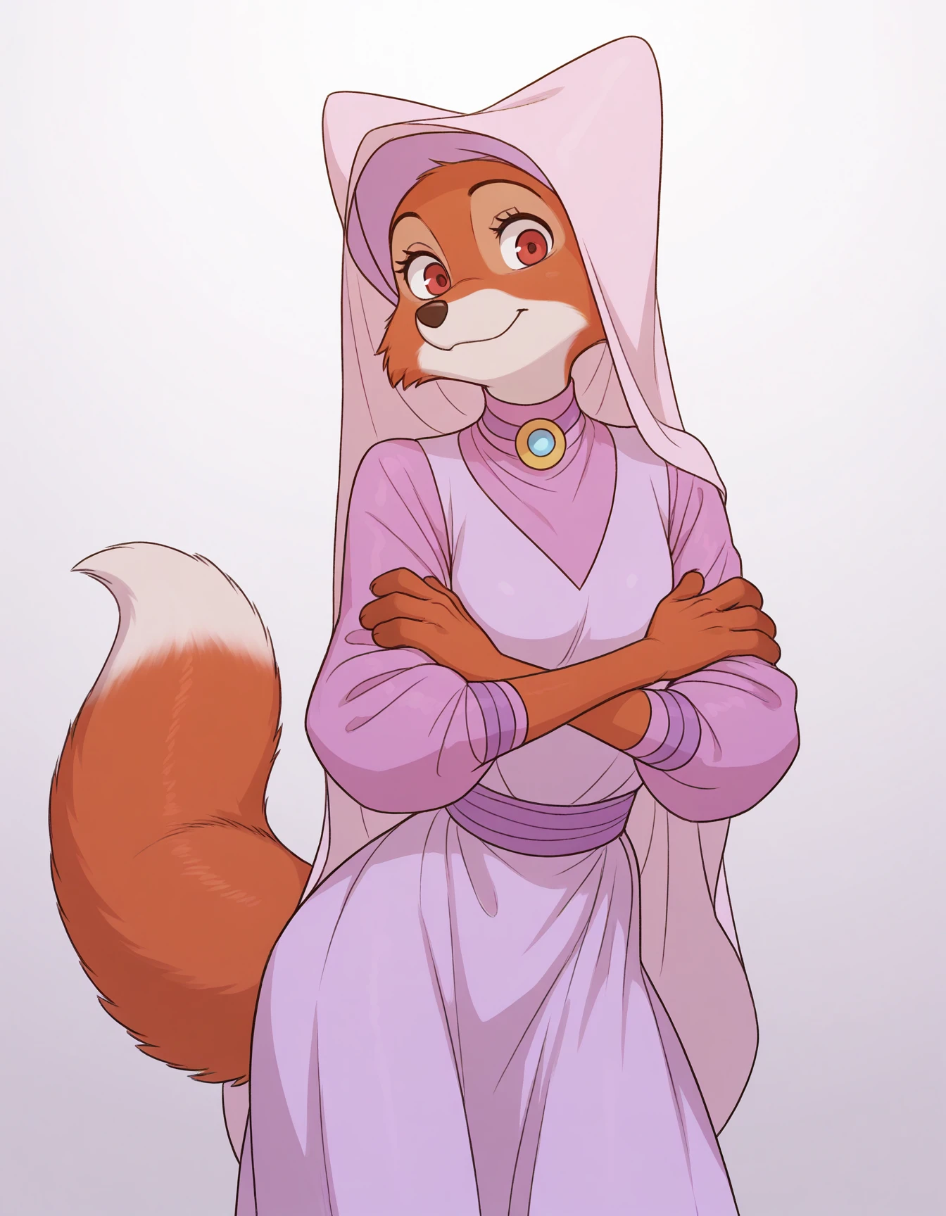 masterpiece, best quality, solo
Maid_Marian, solo, red fur skin, pink dress, red eyes, fox tail,fox, <lora:Maid_Marian_illustriousXL:0.8> gradient background, looking at viewer, crossed arms, 3 fingers