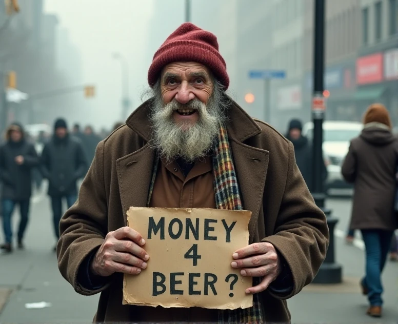 A crazy old homeless man standing on a busy street corner. He's wearing a dusty red beanie, has a wrinkly face with a bushy gray beard. He has a large nose and a mischievous smile with missing teeth. He's wearing a large brown coat, old plaid scarf and is holding a sign that says "Money 4 Beer?". The environment is foggy with pollution and pedestrians are walking by in the background. New york city intersection. Litter and scrap paper fly around in the wind. The man is in focus, bokeh background.