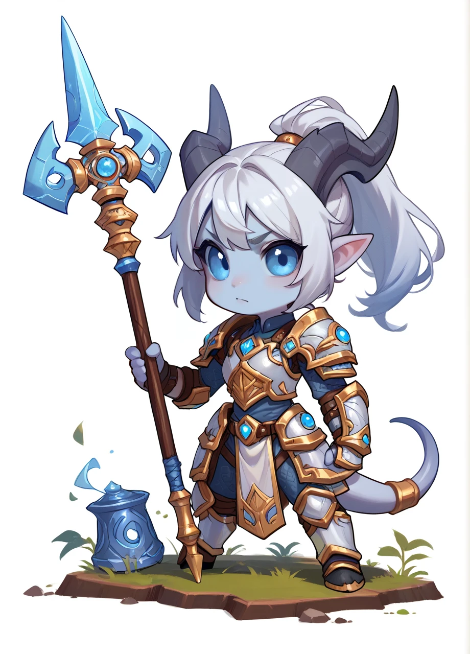 1girl, solo, white background, full body, chibi, defnei, colored skin, blue eyes, colored sclera, horns, ponytail, armor, pauldrons, tail, holding polearm, hammer (weapon) <lora:Race_Draenei-PONY:0.8>, score_9, score_8_up, score_7_up, score_6_up,