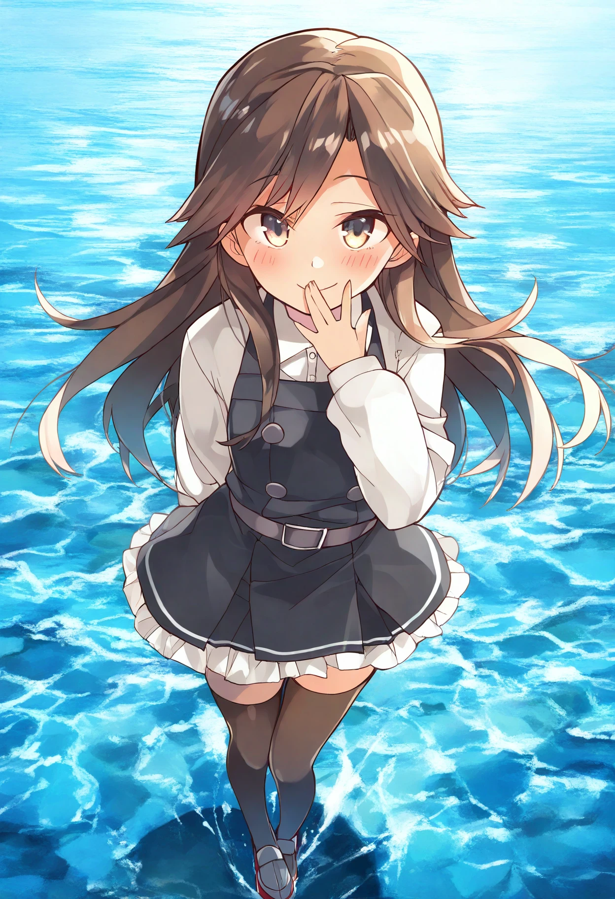 (masterpiece, best quality, highres, absurdres, very detailed, very aesthetic:1.22), (detailed eyes), arashio kai ni \(kancolle\), 1girl, smile, full body, detailed scenery, blush, hand over own mouth, <lora:komowata_haruka_ct15v_1-04:1>
