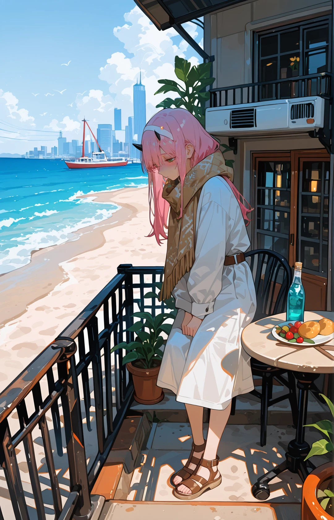 ZeroTwoCYQL,1girl,solo,pink hair,long hair,bangs,horns,hairband,white hairband,green eyes,nomad wraps, desert scarf, soft leather sandals,
BREAK
drunk,looking_down,
BREAK
scenery,sky,day,outdoors,railing,cityscape,cloud,city,building,bluesky,balcony,plant,standing,stairs,pottedplant,airconditioner,ocean,beach,wideshot,water,rooftop,shop,window,architecture,flower,food,cloudysky,umbrella,horizon,summer,lantern,bridge,table,bottle,cable,shadow,shade,chair,skyscraper,industrialpipe,banner,road,tree,sunlight,watercraft,crane(machine),tower,ladder,bird,powerlines,fence,lamppost,aircraft,sand,street,
BREAK
<lora:ponyv4_noob1_2_adamW:0.7>,<lora:spo_sdxl_10ep_4k-data_lora_webui:0.6>,<lora:USNR STYLE_XL_loha:0.45>,<lora:748cmSDXL:1>,usnr,748cmstyle,<lora:ZeroTwoCYQL:1>,
perfect quality,high quality,masterpiece,best quality,amazing quality,very aesthetic,absurdres,newest,