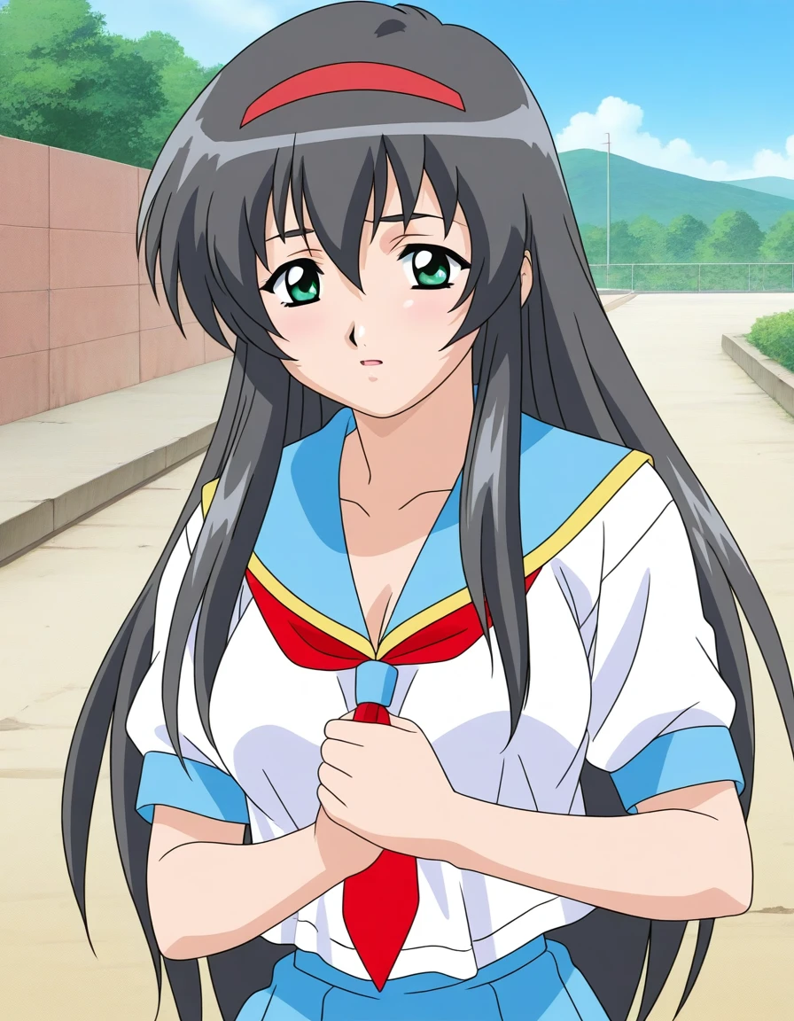 general,highres, ultra-detailed,very aesthetic,best quality ,best hands, BREAK <lora:Himeno_Yuuri_OVA_IS:1> Himeno_Yuuri_OVA, 1girl,solo, black hair, long hair, green eyes, red hairband, large breasts, bangs, sidelocks, hair between eyes
school uniform, blue sailor collar, 2010s (style), anime coloring, down arms,
asphalt, day, sky, sunshine,