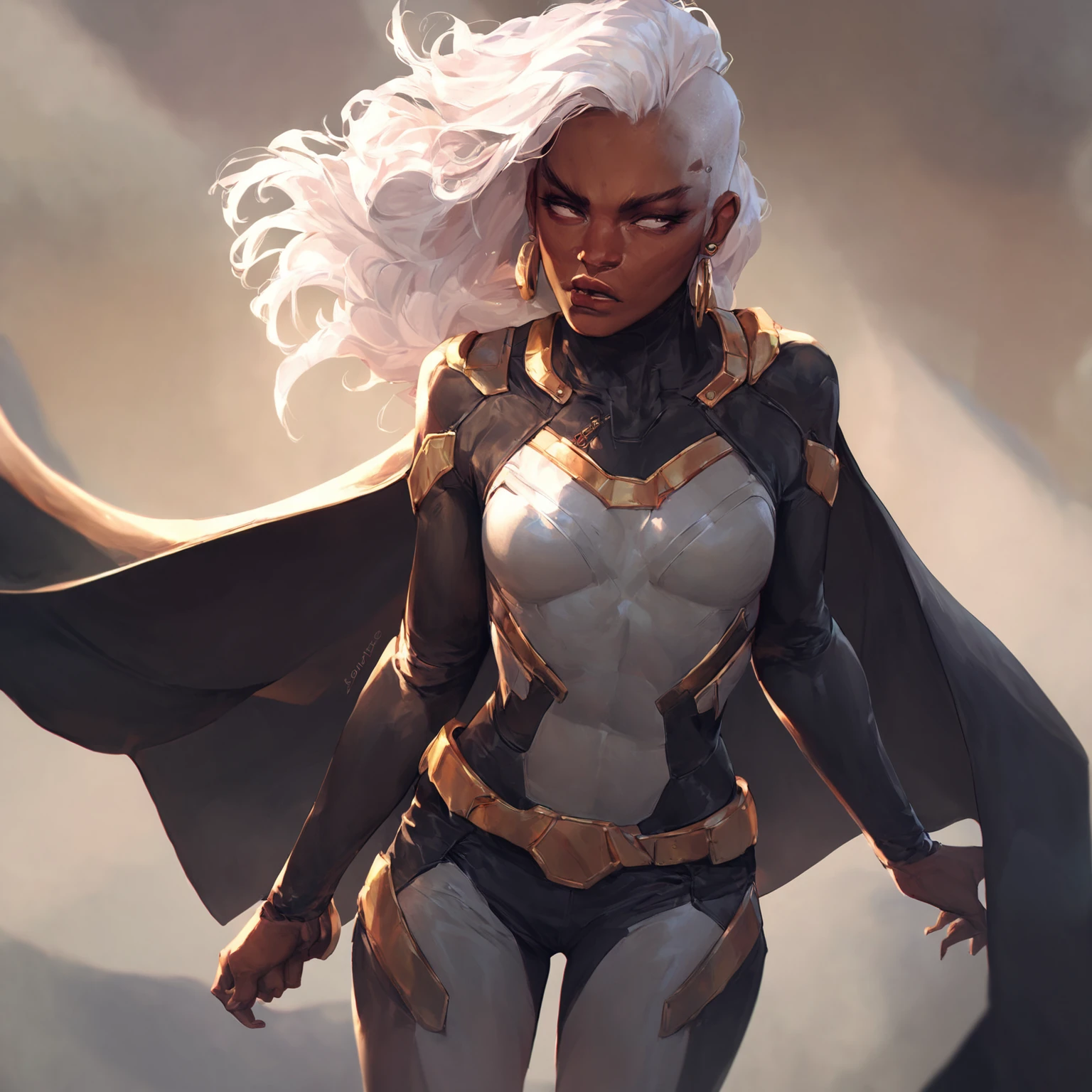 score_9, score_8_up, <lora:0004storm:1>, sturmaz, 1girl, dark skin,dreadlock, white hair, cowboy shot, bodysuit, midriff, earrings, cloak