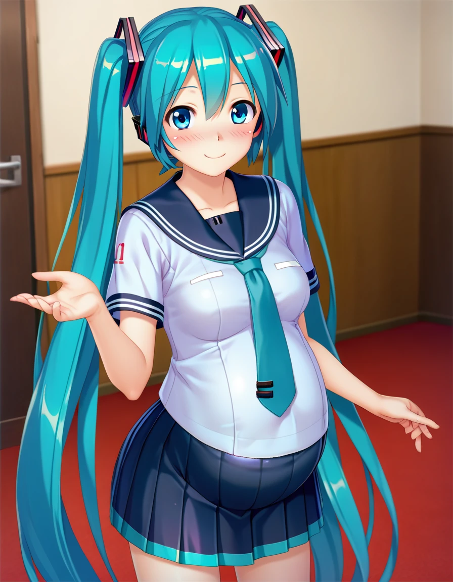 score_9, game cg, 1girl, hatsune miku, blush, smile,
pregnant, standing, school uniform, serafuku, skirt, <lora:pregsuV2:0.8>