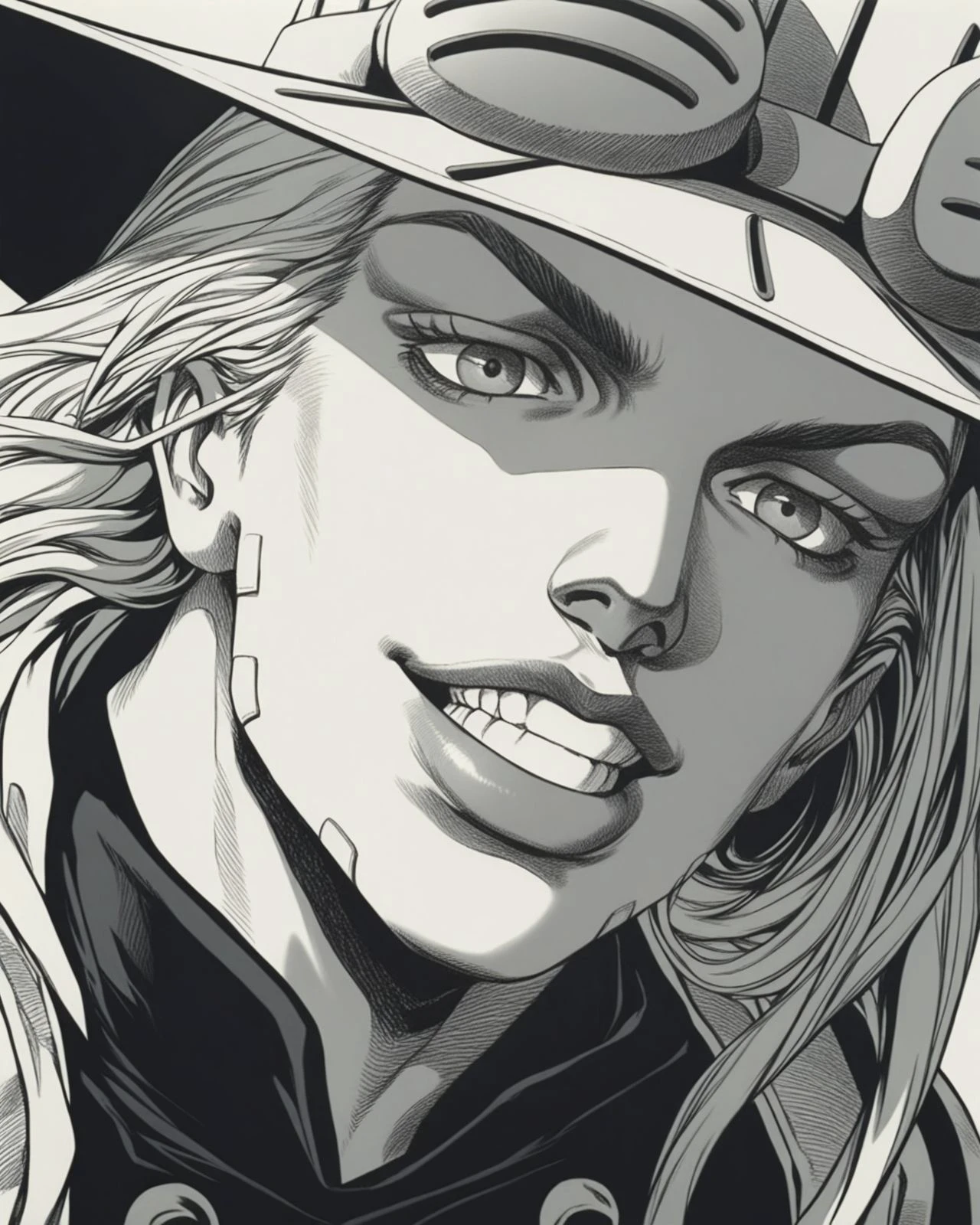 masterpiece, monochrome, greyscale, traditional media, <lora:STEELBALLRUN_illustrious_v1-000010:1>
close-up, 1boy, gyro zeppeli, hat, shirt, lips, clenched teeth, gold teeth, smile,crown