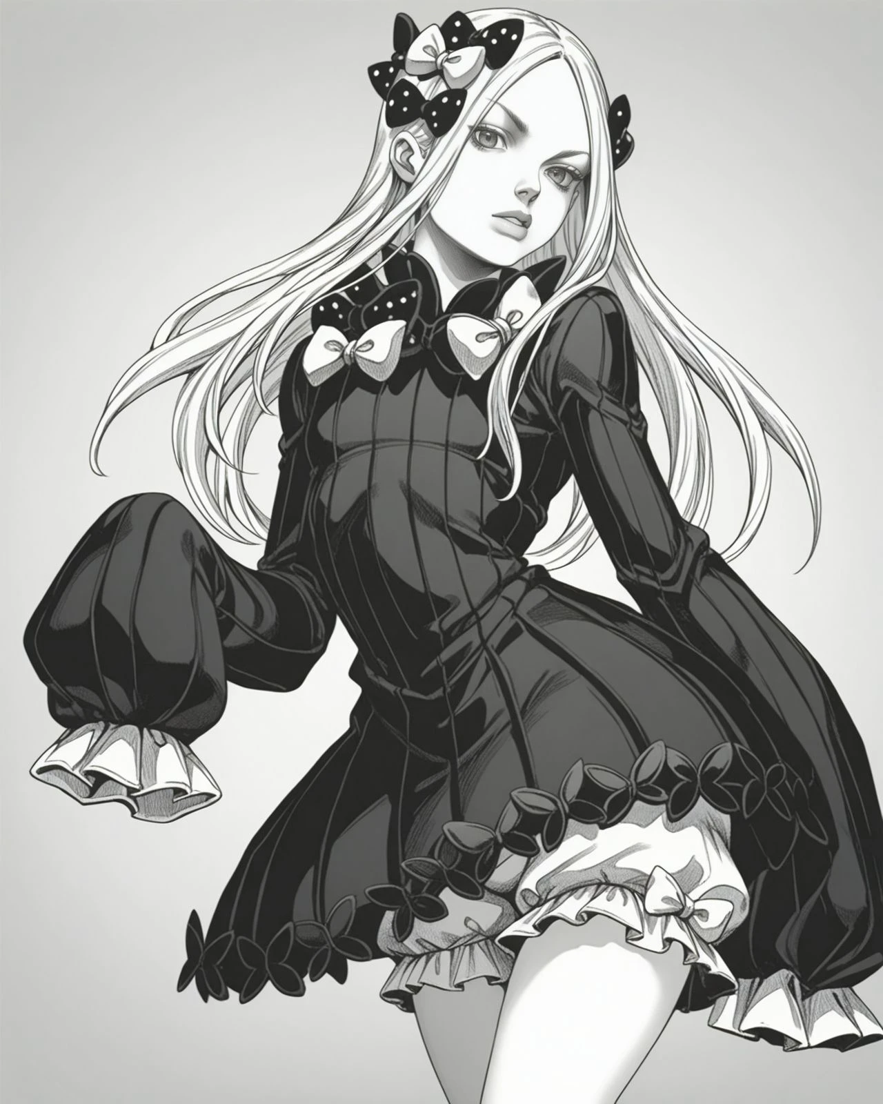 masterpiece, monochrome, greyscale, traditional media, <lora:STEELBALLRUN_illustrious_v1-000010:1>
dynamic pose, jojo pose, close-up
1girl, abigail williams, blonde hair, forehead, long hair, parted bangs,
black bow, black dress, bloomers, bow, dress, hair bow, long sleeves, multiple bows, bow, polka dot, polka dot bow, ribbed dress, sleeves past fingers, sleeves past wrists, white bloomers,