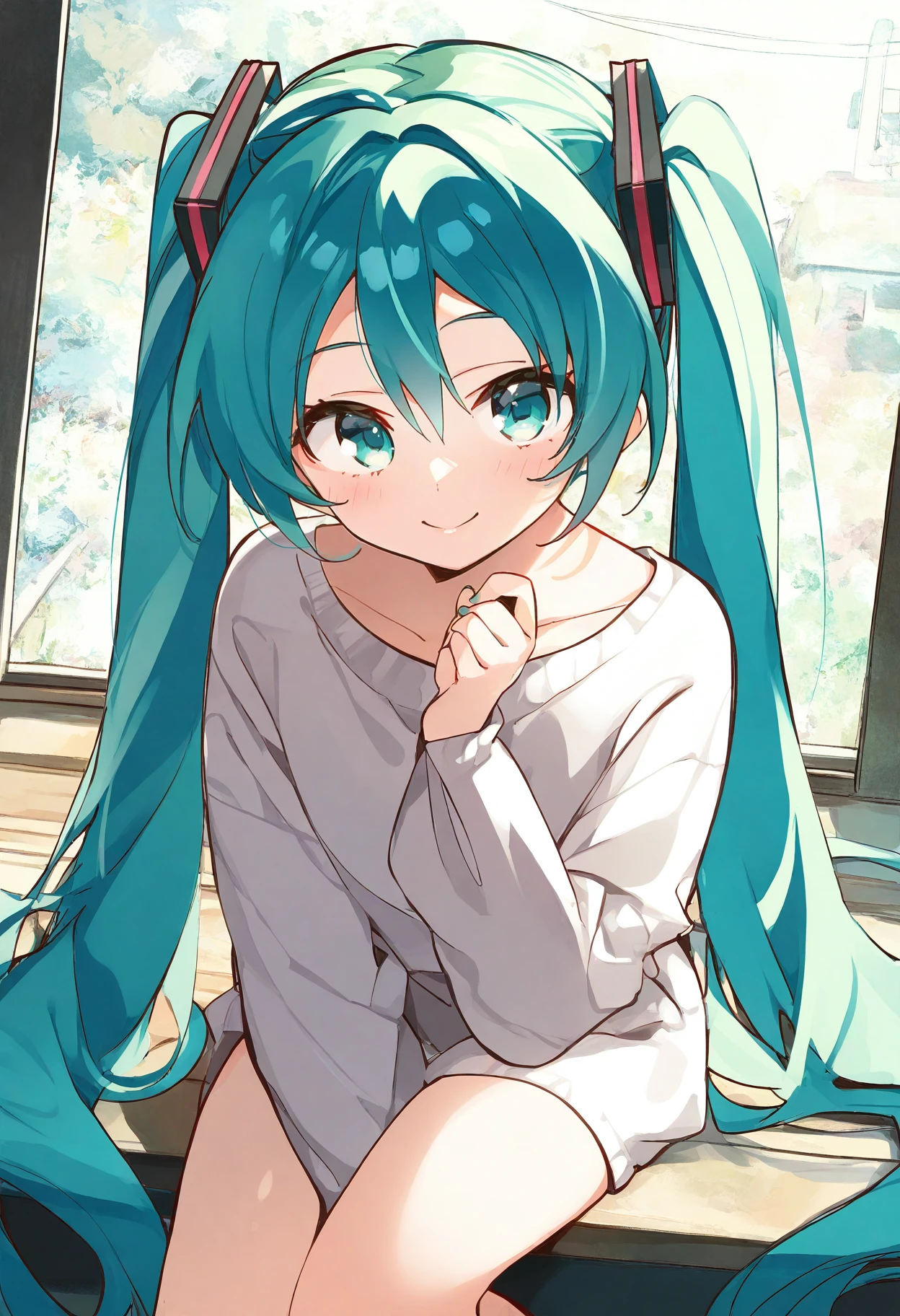 (masterpiece, best quality, highres, absurdres, very detailed, very aesthetic:1.22), (detailed eyes), hatsune miku, very long hair, detailed background, <lora:komowata_haruka_ct15v_1-04:1>