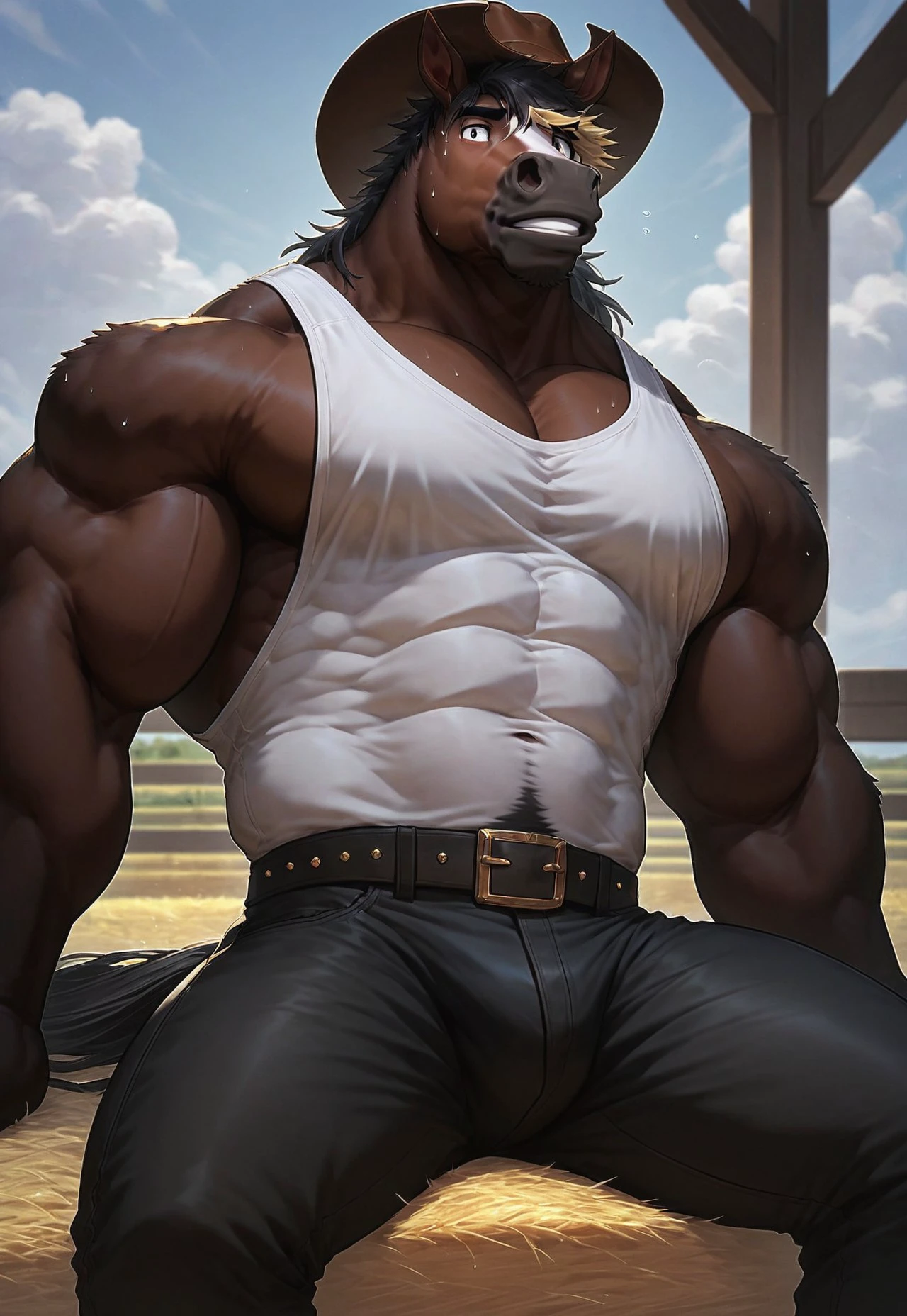 ((solo)), anthro mustang, (dark grey fur, black mane, darker snout and hands), ((equine face)), male, late twenties, athletic, abs, (veiny, ripped muscles:1.3), (correct anatomy, heavy build, massive body), (realistic fur, detailed fur texture:1.5), detailed background farm, photorealistic, (shorts, jeans:1.3), (big bulge with outline:1.2), bare torso, (detailed clothing), hyperrealistic, ultradetailed, by kenket, natural lighting, (sweat, exhausted:1.7), kneeling bend down position, epic