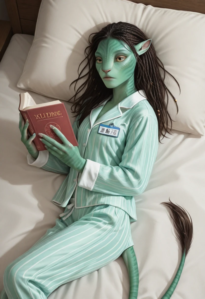 <lora:Avatar_Species_James_Cameron_Illustrious:1> na'vi, colored skin, solo, pointy ears, green skin, green striped skin, 1girl, long hair, masculine, yellow eyes, satin pajamas, nametag, tail, lying, on back, from side, reading book, holding book,