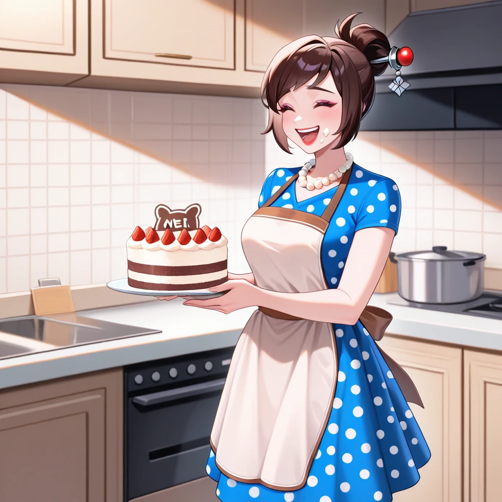 1girl, solo, cowboy shot, Mei \(Overwatch\)      <lora:50sHousewife-IL:0.7>50sHous3Wif3,polka dot dress, apron, short sleeves, pearl necklace, jewelry, makeup, short hair, lipstick,kitchen, apron, cream on face, holding cake, smile, laughing,, masterpiece, best quality, good quality, newest