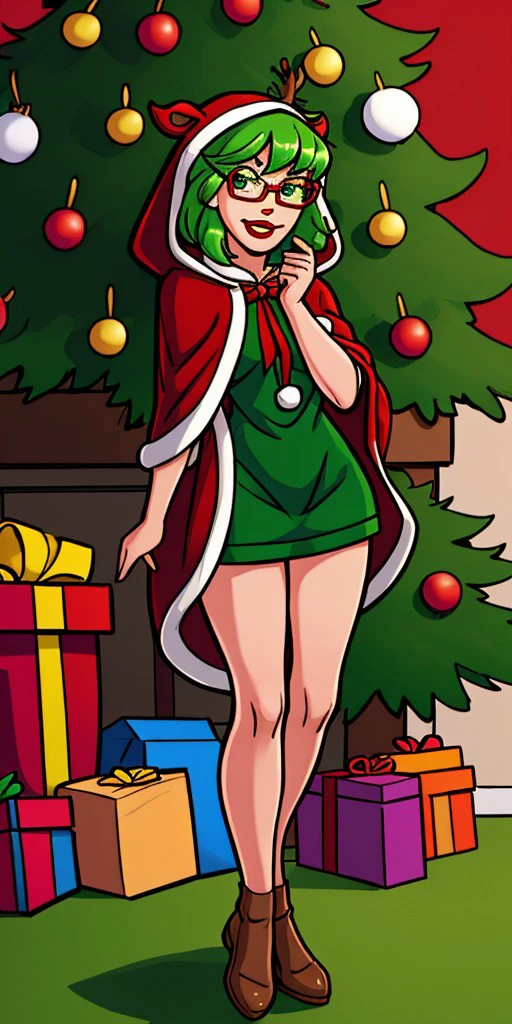 1girl,(masterpiece), best quality, expressive eyes, perfect face, short green hair, pony tail round glasses , red lips Five foot four inches,full body, smile, green eyes, Christmass tree, presents, reindeer costume, hood up, <lora:31bbe952-dbbe-494d-8807-1d5e847f6732:0.7>, <lora:ReindeerCostumeOutfitChristmasHolidaysLoRAreindeeroutfitrichyv1:0.7>