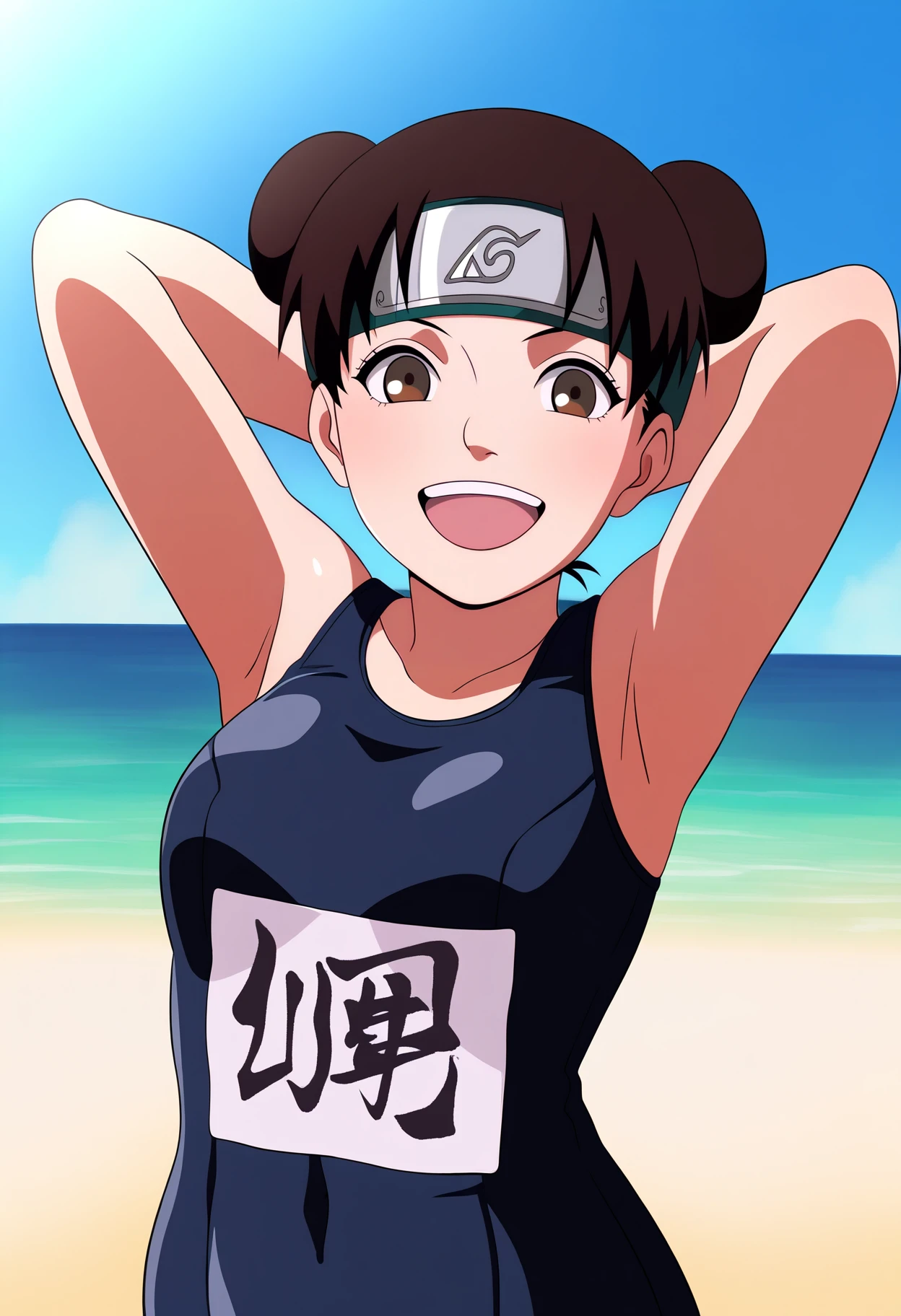 masterpiece, best quality, very aesthetic, absurdres,
1girl, ytenten, brown eyes, brown hair, short hair, double bun, forehead protector,
school swimsuit, hands behind head, one-piece swimsuit,
open mouth, smile, happy, solo, looking at viewer, sea, sand, blue sky, tropical island background, <lora:TentenGeninNoobXL_byKonan:1>