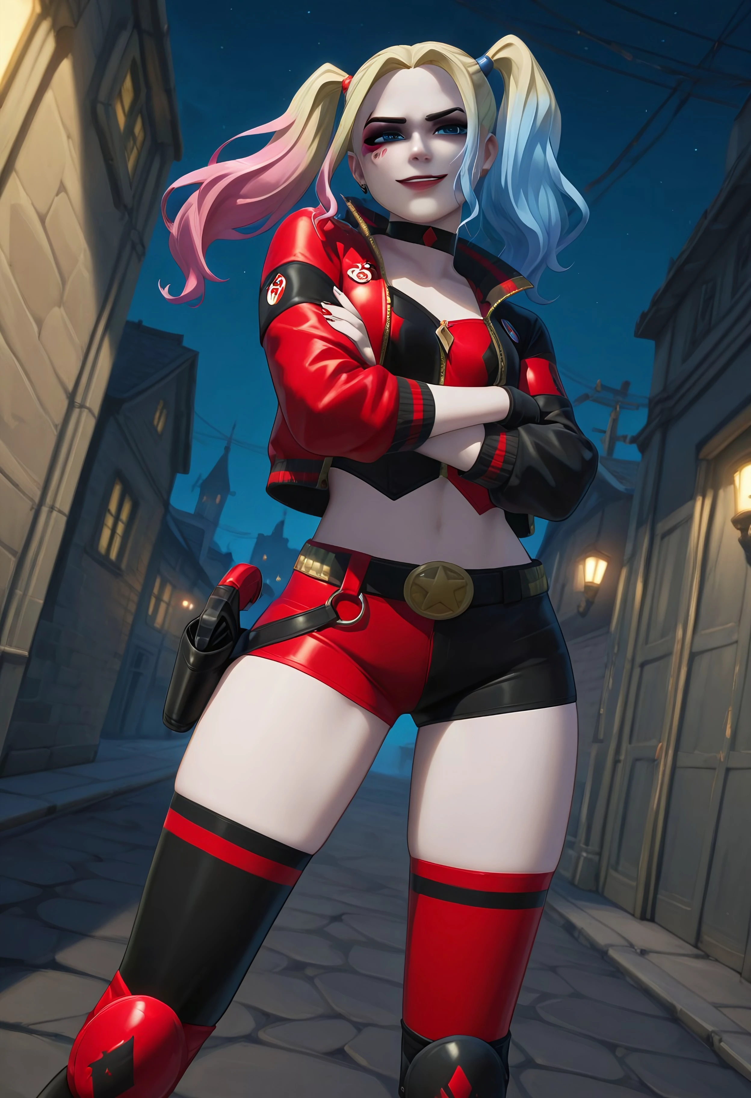 1girl wearing a black combat suit with dark blue accents and red on the boots and gloves, a stylised Batman symbol on the chest with light blue details, short aerodynamic cape, blonde hair with blue and red tips in a high ponytail or loose, bold eyeliner, carrying personalized batarangs with diamond design, collapsible hammer and advanced gadgets, athletic and agile physique, confident as Batleen but more relaxed as Harleen Quinzel, combining elements of Batman and Harley Quinn in an anime-style design