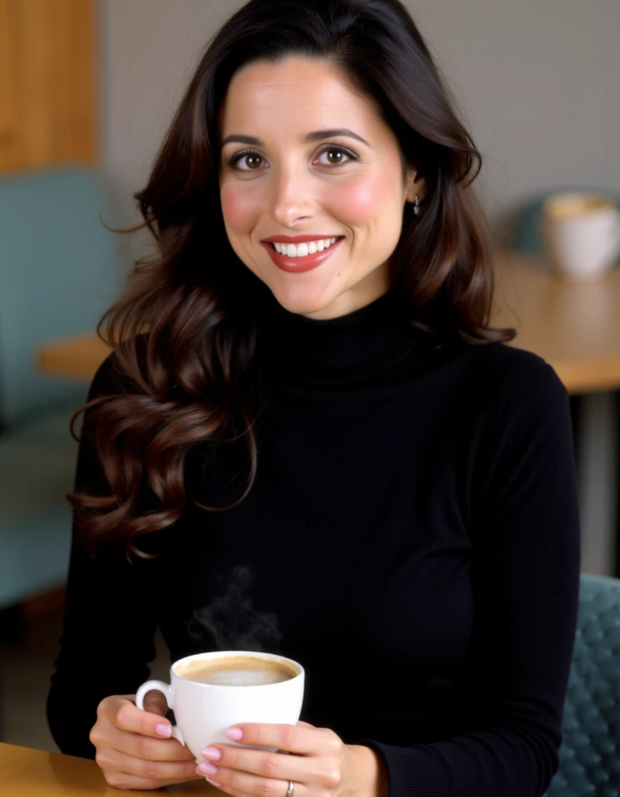 8k hdr. <lora:julialouisdreyfusflux1a-000001:1> she has a medium complexion and long, dark brown hair styled in loose waves, cascading over her shoulders. wearing a fitted light black turtleneck sweater, sitting in a cafe holding a coffee, . She is looking at the viewer,