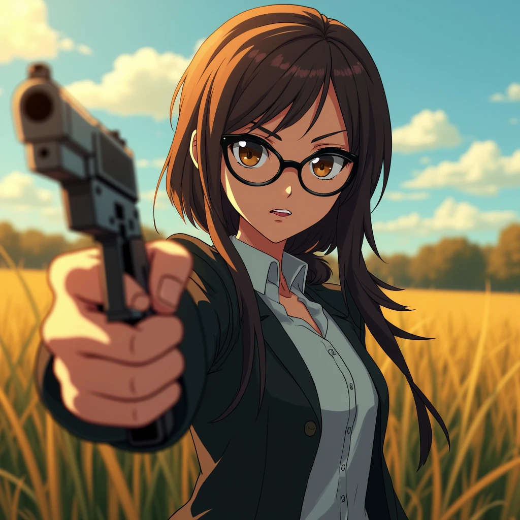 UHD, 4k, ultra detailed, cinematic, a photograph of <lora:gun girl with gun style v1:0.5>
Cartoon anime glasses serious looking Female with gun a woman aiming a handgun in a field, epic, beautiful lighting, inpsiring