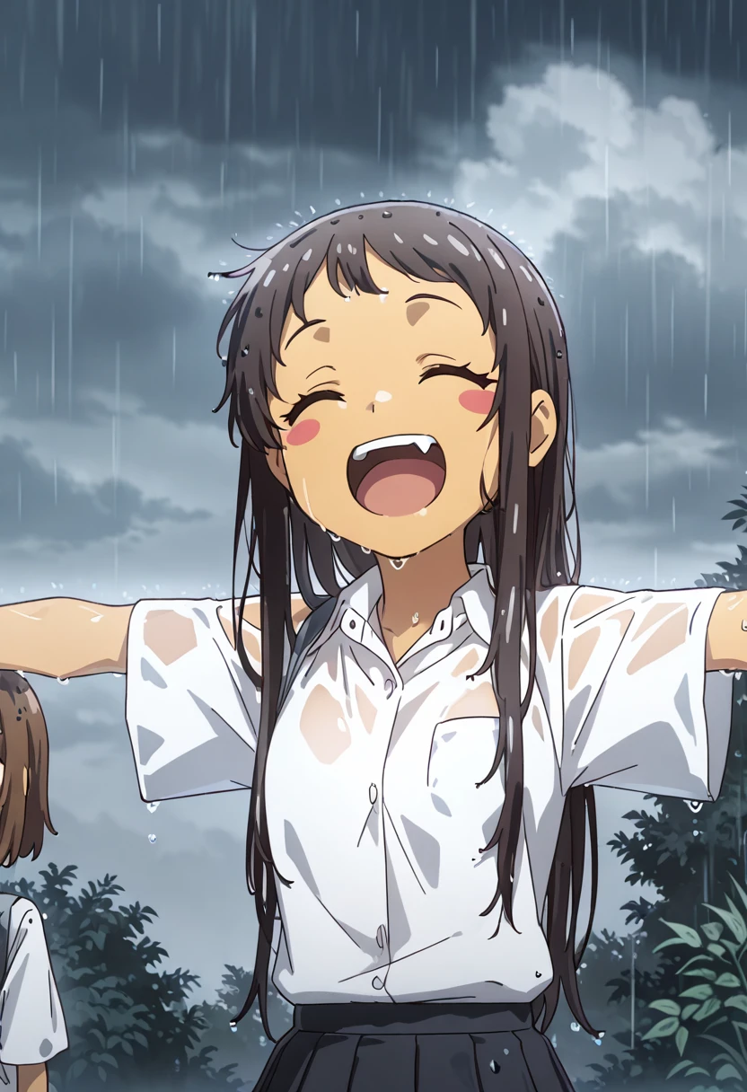 masterpiece, best quality, solo, zzHinaKyan, long hair, smile, open mouth, skirt, shirt, black hair, school uniform, closed eyes, white shirt, :d, pleated skirt, outdoors, sky, teeth, fang, cloud, dark skin, black skirt, dark-skinned female, wet, blush stickers, cloudy sky, outstretched arms, wet clothes, rain, female child, wet hair, grey sky, <lora:OkitsuraStyleIXL:1.0>,