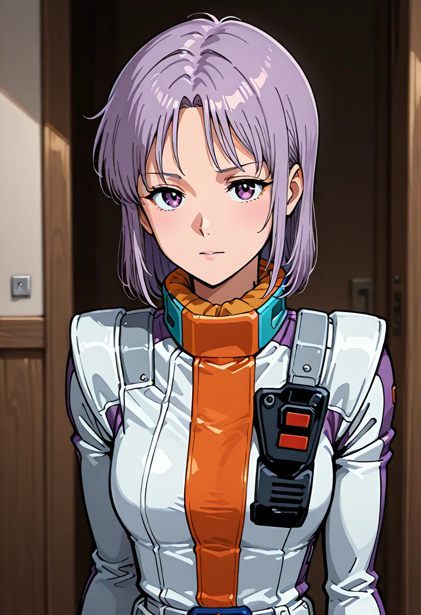 masterpiece, best quality, good quality, yurii ajissah, purple hair, medium hair, purple eyes, ((londobell pilotsuit)), white pilotsuit