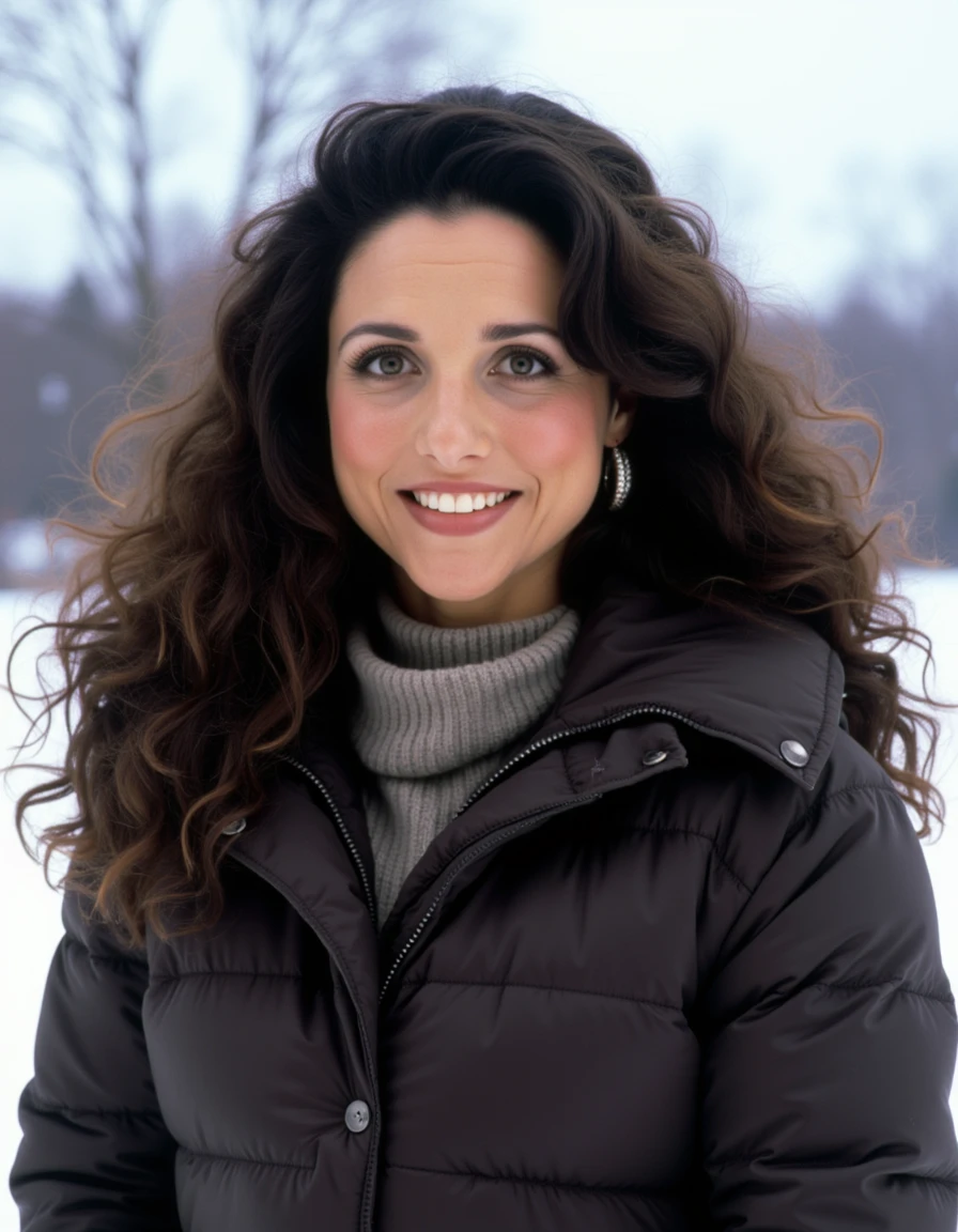 8k hdr. <lora:julialouisdreyfusflux1a-000001:1> she has a medium complexion and long, dark brown hair styled in loose waves, cascading over her shoulders. wearing winter clothes thick jacket, sweater and scarf, snow is accumulating on her hair, shoulders and clothes, Dynamic pose, at Dawn,