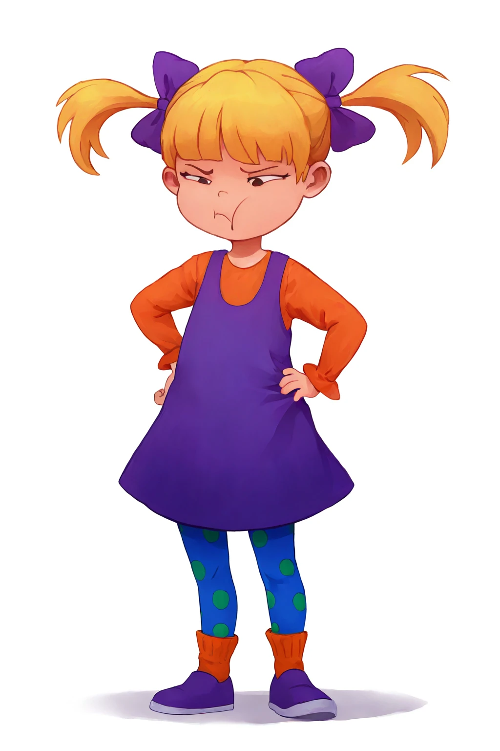 masterpiece, best quality, detailed, semi realistic, (( girl:1.4)), an3x1, 1girl, solo, open mouth, pouting, pinafore dress, hair bow, full body, hair bow, hand on hip, blue leggings, polka dot, long sleeves, purple footwear, orange socks, short twintails, white background, blonde hair, child