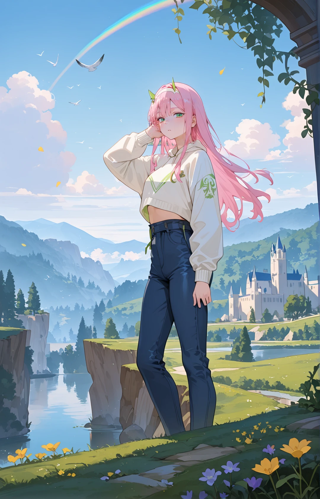 ZeroTwoCYQL,1girl,solo,pink hair,long hair,bangs,horns,hairband,white hairband,green eyes,High-waisted jeans, cropped sweater, Dr. Martens,
BREAK
sleepy,looking_at_viewer,
BREAK
scenery,outdoors,cloud,sky,flower,day,fantasy,floatingisland,castle,water,cloudysky,waterfall,bluesky,building,purpleflower,ruins,bird,standing,yellowflower,tower,tree,grass,mountain,arch,pinkflower,bridge,field,city,whiteflower,wideshot,plant,overgrown,moss,landscape,floatinghair,wind,petals,architecture,lake,reflection,sunlight,cityscape,cliff,nature,vines,river,pillar,flock,windmill,animal,fog,rock,mountainoushorizon,rainbow,horizon,ivy,leaf,house,
BREAK
<lora:spo_sdxl_10ep_4k-data_lora_webui:0.5>,<lora:illustrious_all_rated_v1:0.6>,<lora:748cmSDXL:0.8>,748cmstyle,<lora:DarkerThanBlackIllustrious:0.5>,<lora:EtherSDXL:0.5>,EtherStyle,<lora:ZeroTwoCYQL:1>,
perfect quality,high quality,masterpiece,best quality,amazing quality,very aesthetic,absurdres,newest,