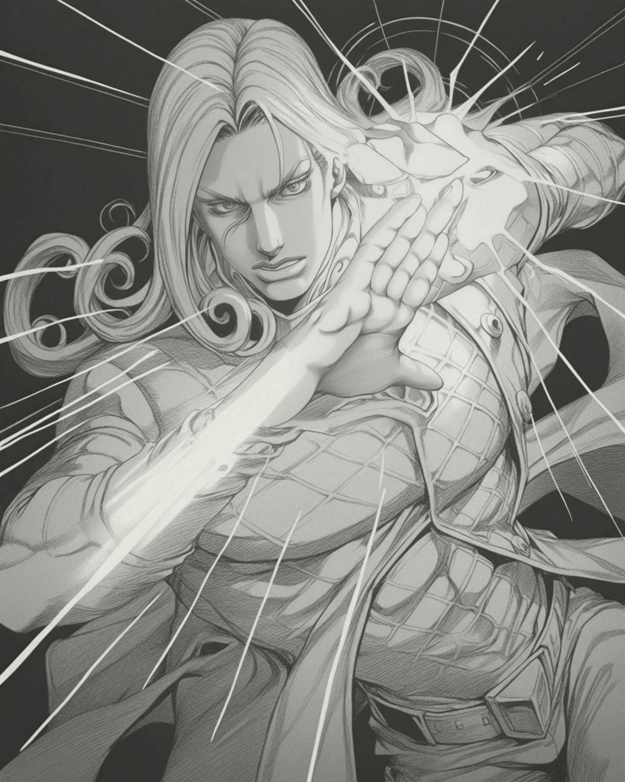masterpiece, monochrome, greyscale, traditional media, 3boys, stand \(jojo\),
dynamic pose,
<lora:STEELBALLRUN_illustrious_v1-000010:1>