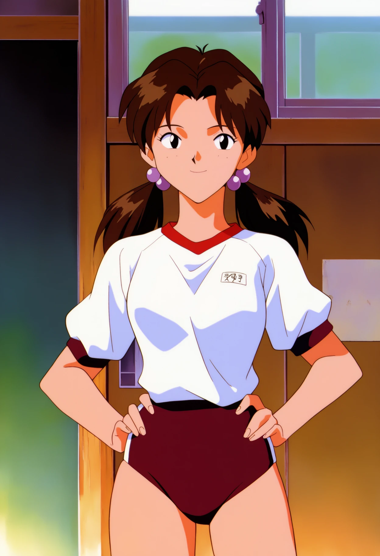 masterpiece, best quality, very aesthetic, absurdres,
1990s \(style\), retro artstyle,
1girl, hikarihoraki, brown hair, twintails, freckles, hair bobbles, long hair, black eyes,
gym uniform, white shirt, buruma, smile,
hands on hips, standing, solo, looking at viewer, indoors, classroom background <lora:HikariHorakiNoobXL_byKonan:1>