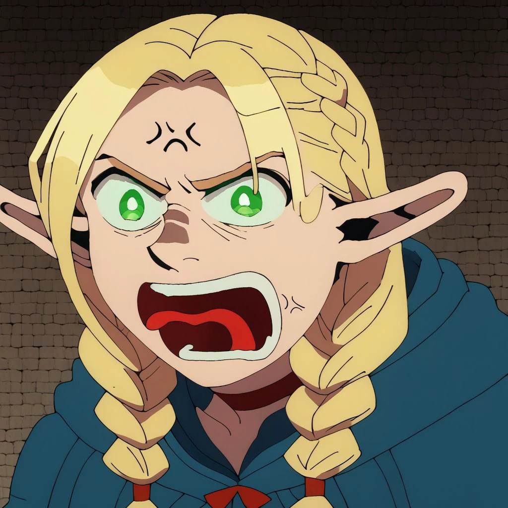 score_9, score_8_up, score_7_up masterpiece, best quality, newest, absurdres, highres, anime, anime style, REEEEEEEEEEEEE-V1.1, angry, scream, tongue, tongue out, open mouth, anger vein, 1girl, marcille donato, long hair, blonde hair, green eyes, braid, pointy ears, twin braids, elf, bright pupils, parted bangs,