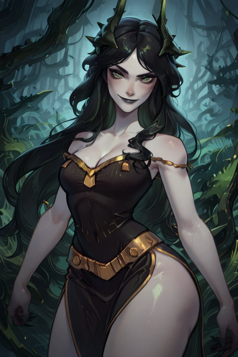 Maokai si il était une femme, maokai est un tréant, treant, îles obscure, brume, brouillard, Vetement avec du bois, aura bleue autour d'elle, esprit de la nature, rongé par la colère, Incarne la vengeance, méchante, aspect bois, bébé tréant dans une main
