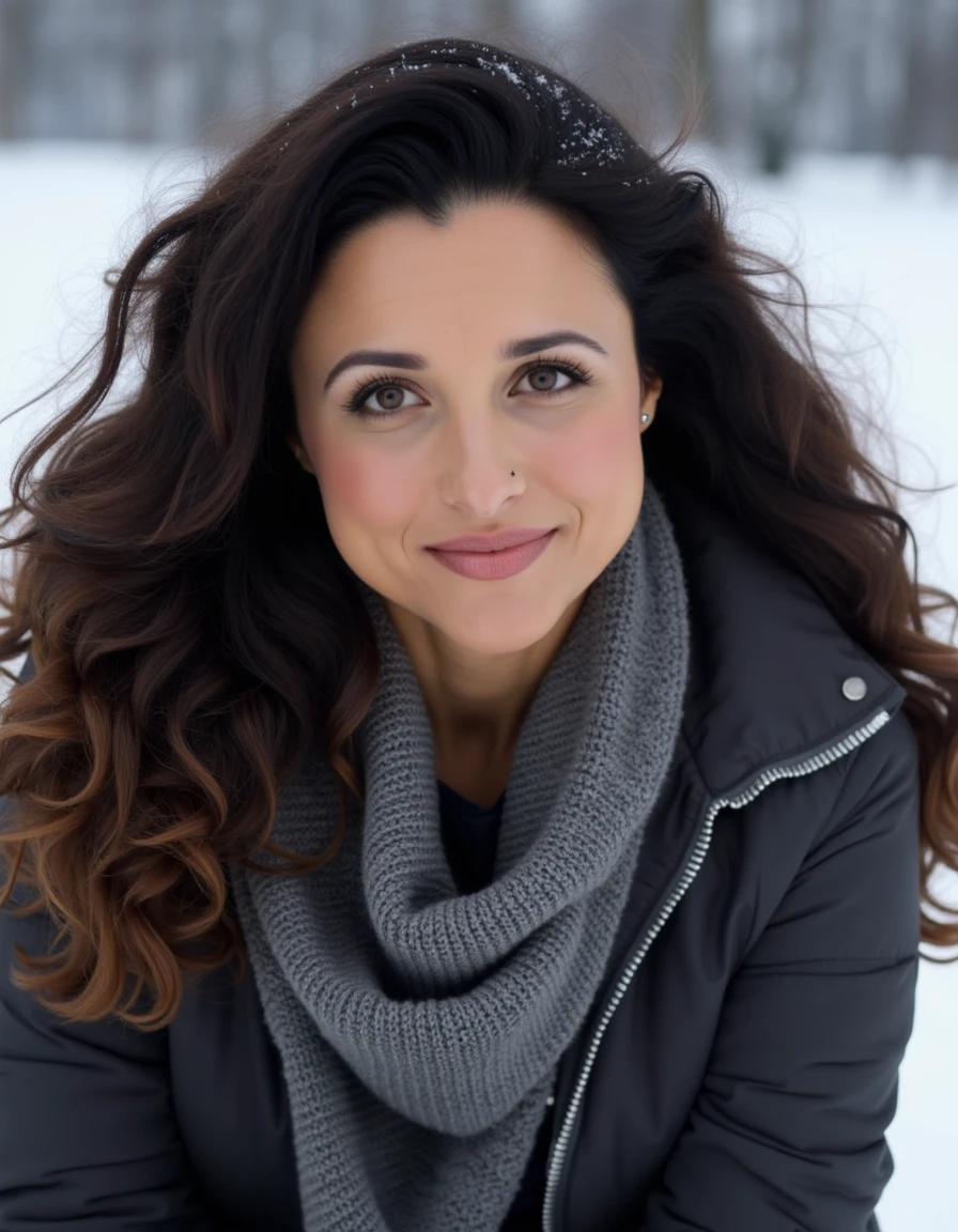 8k hdr. <lora:julialouisdreyfusflux1a-000001:1> she has a medium complexion and long, dark brown hair styled in loose waves, cascading over her shoulders. wearing winter clothes thick jacket, sweater and scarf, snow is accumulating on her hair, shoulders and clothes, Dynamic pose, at Dawn,