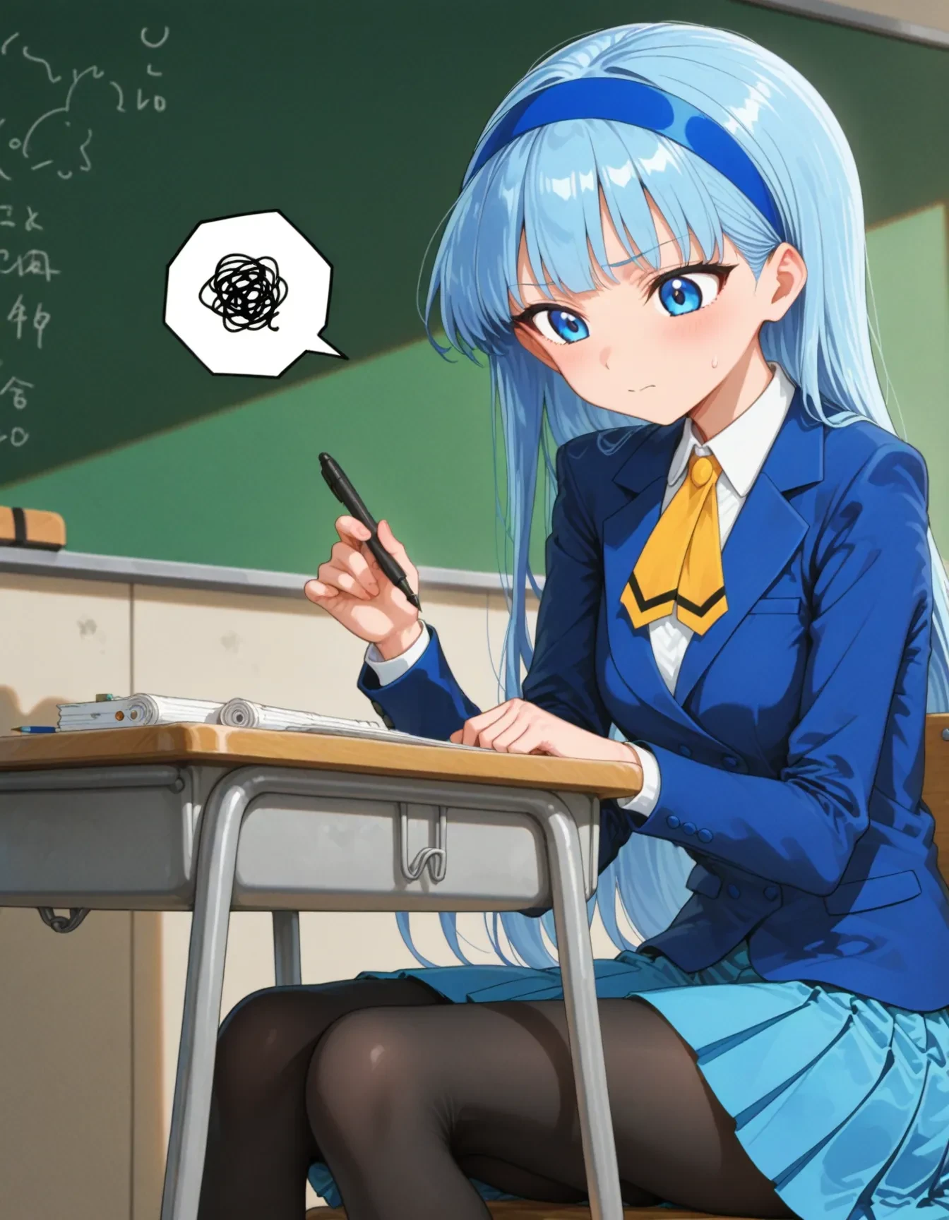 <lora:MKR_UMI_SU_NAIXL_01:1>, 1girl, ryuuzaki umi,MKR_UMI_SU,black pantyhose,
indoors,classroom,sitting,holiding pen,test paper,looking down, spoken squiggle,
<lora:NoobV065sHyperDmd:1>, masterpiece, best quality, very aesthetic, absurdres, newest, safe,