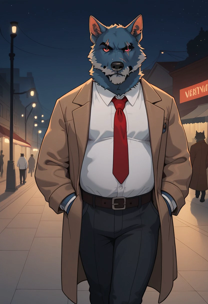 score_9, score_8_up, score_7_up, score_6_up, score_5_up, score_4_up, masterpiece, high quality, detailed face, detailed body,
anthro, furry, wolf, blue body, eye scar, mouth scar, red eye, right blind eye, grey beard, grey moustache, dad, buff, grumpy, wide body, belly,
Brown trench coat, white shirt, red necktie, long necktie, black social pants, belt, night, detective, walking through the city streets at night, night, hands in pocket,