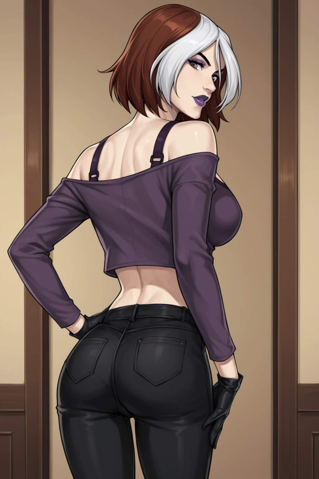 PonyXLV6_Scores BREAK ((parody), perfect anatomy, perfect eyes, cowboy shot, back view) <lora:add_details_xl:0.8> BREAK <lora:RogueEVO:0.8> anne marie, short hair, multicolored hair, two-tone hair, brown hair, white hair, grey eyes, makeup, lipstick, purple lips, flirting, raised eyebrow, ((looking back at viewer)), off shoulder, purple shirt, long sleeves, black gloves, midriff, black pants, large breasts, curvy, toned, athletic, standing, hands on hip, indoors