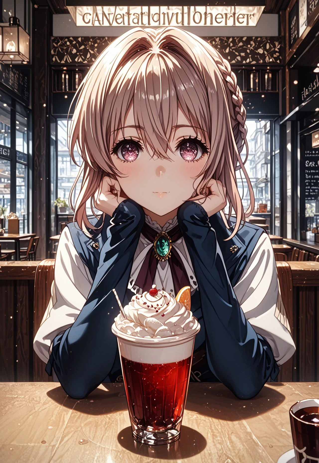 score_9, score_8_up, score_7_up, (masterpiece, detailed:1.2), (best quality:1.2), (High Resolution), (More Details), ((4k,8k,UltraHD)),(8K), (High Resolution), (detailed background :1.0), female focus, sharp focus, newest, ultra-detailed, 1girl, solo, Violet Evergarden, POV, pov across table, pov dating, cafe, restaurant, table, head rest, smile, elbow on table, elbow rest, food, drink, cup, eyesHD, high gradient eyes, Aesthetic style, soft anime