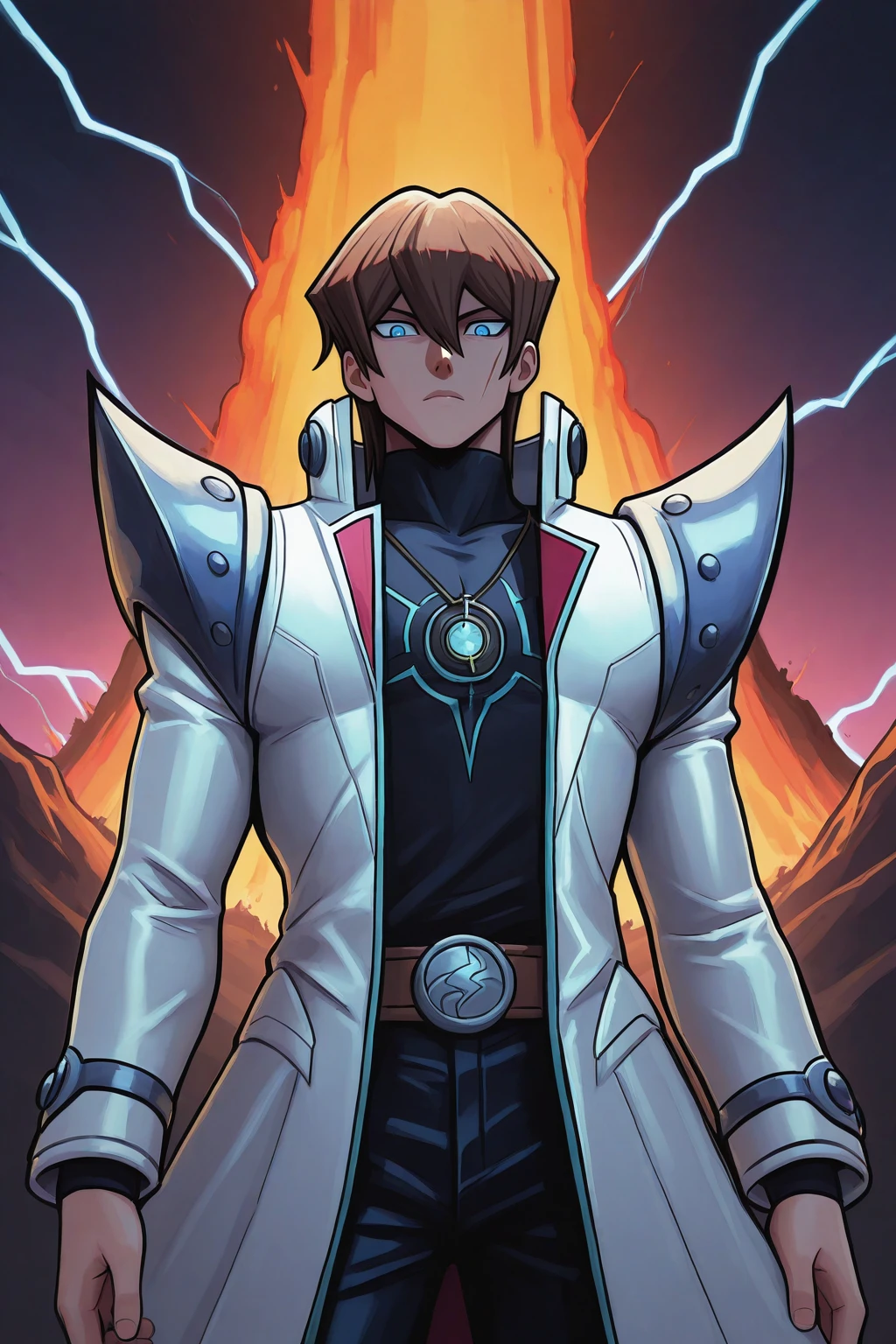 masterpiece, good quality, best quality, absurdres, highres
volcano <lora:Sfrinzy styleIlluLYCO:1.2>sfrinzy
kaiba seto (yu-gi-oh!), 1boy:2, white coat, lightning, flashy background, cowboy shot, man