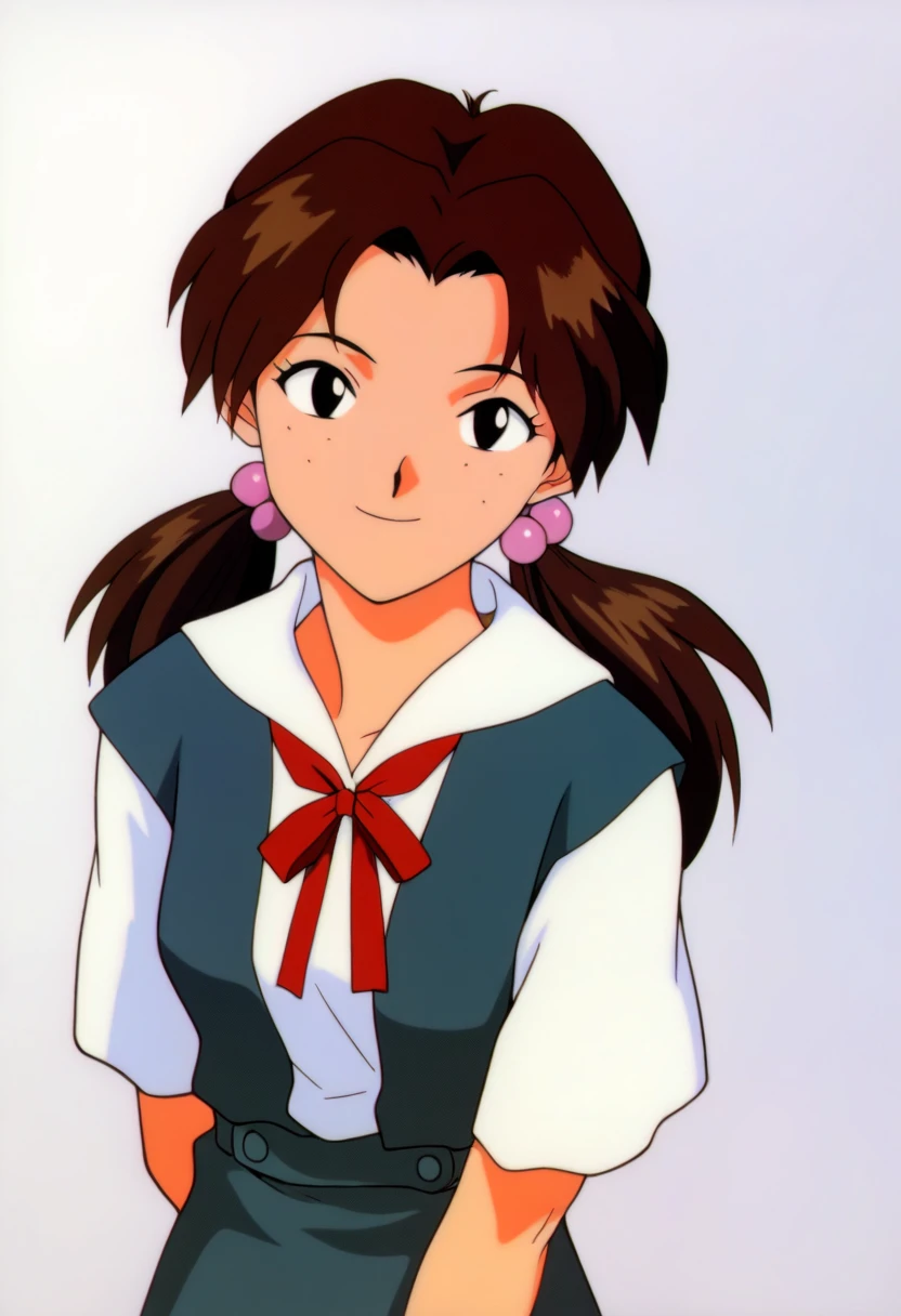 masterpiece, best quality, very aesthetic, absurdres,
1990s \(style\), retro artstyle,
1girl, hikari horaki, brown hair, twintails, freckles, hair bobbles, long hair, black eyes,
ribbon, short sleeves, suspender skirt, tokyo-3 uniform,
arms behind back, smile, upper body, looking at viewer, solo, simple background, white background <lora:HikariHorakiNoobXL_byKonan:1>