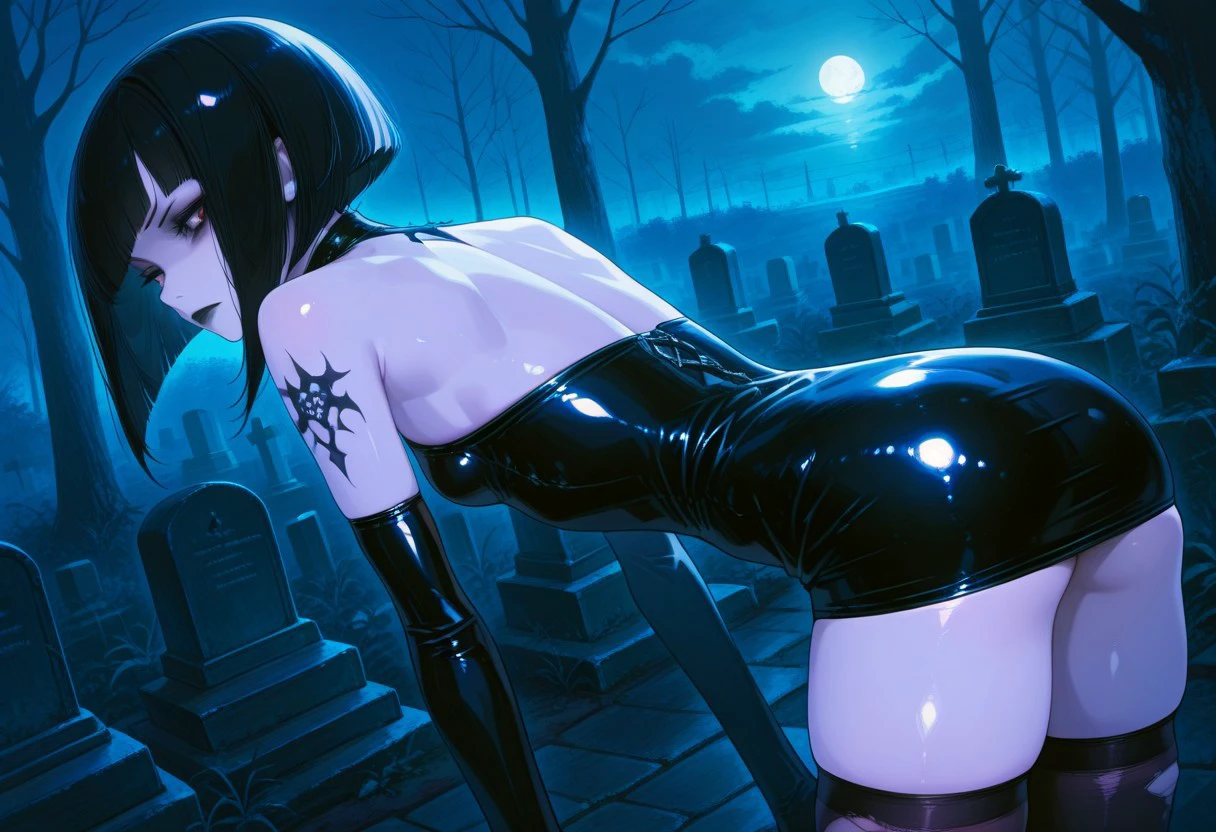 absurdres, masterpiece, best quality, very aesthetic, HDR, 8K, ultra-detailed, anime, 748cmstyle, cemetery, outdoor, back view,
1girl, SadisTrix, solo, inverted bob hair, black hair, pale skin, skinny, arm tattoo, makeup, black lips, small breasts, gothic, latex legwear, torn thighhighs, shiny clothes, elbow gloves, latex, tight dress, short dress, highleg panties, skindentation, bent over, shiny skin, dominant female, (skinny),),