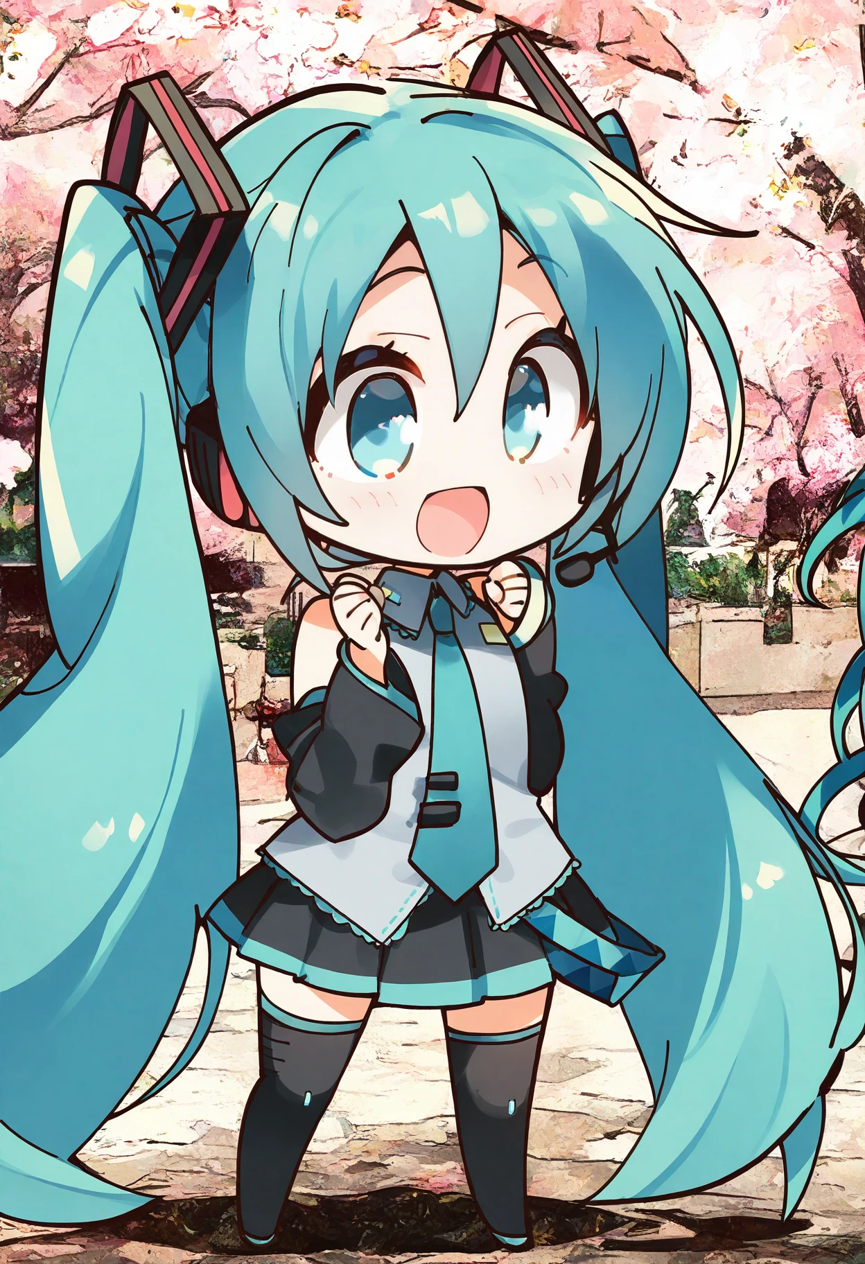 (masterpiece, best quality, highres, absurdres, very detailed, very aesthetic:1.22), (detailed eyes), hatsune miku, chibi, very long hair, detailed background, :d, <lora:komowata_haruka_ct15v_1-04:1>