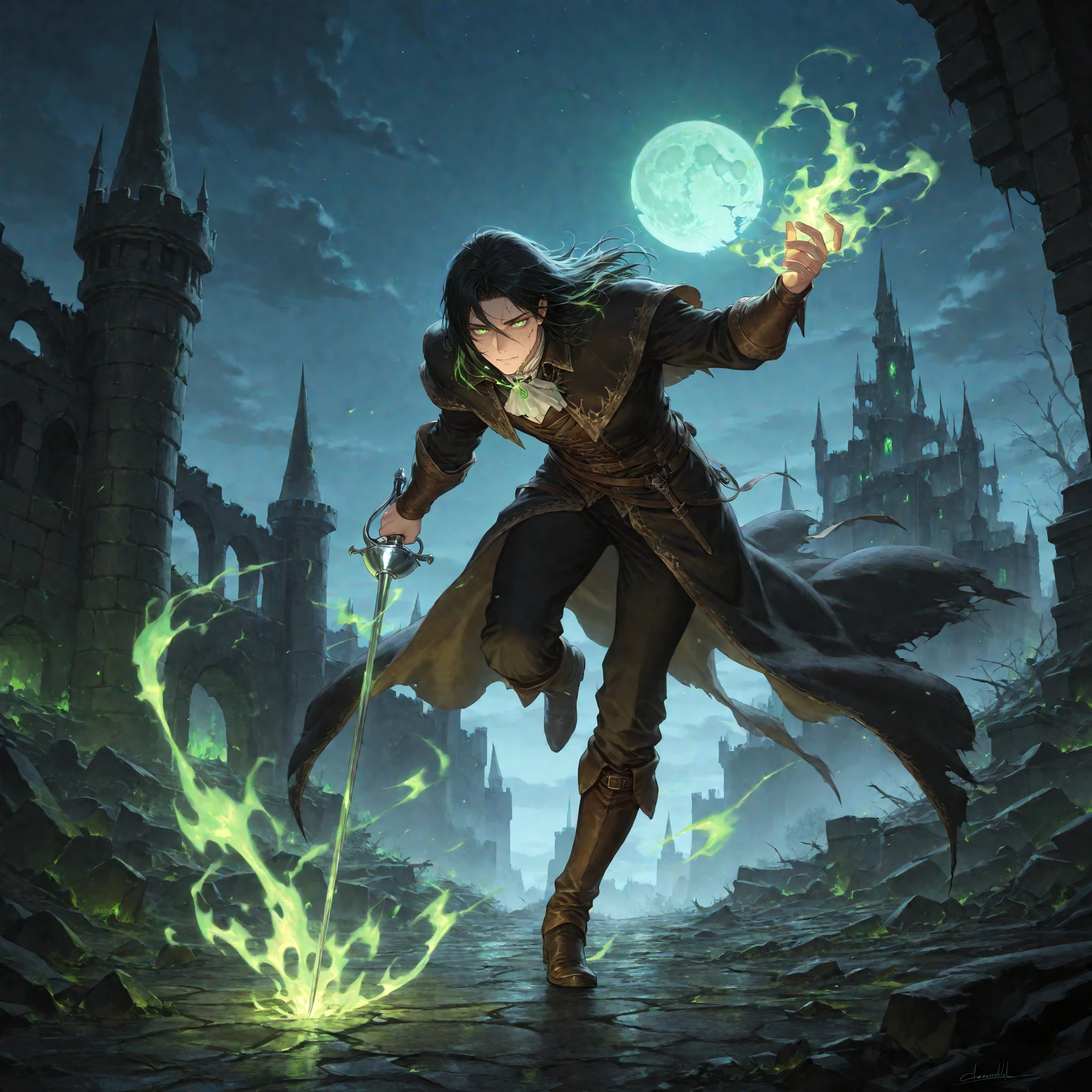 ((masterpiece:1.5)), ((best quality:1.5)), HDR, 1boy, solo, male focus, neat hair, clean face, glowing green eyes, warlock, fantasy victorian noble, ruined castle, castle ruins, night sky, cracked moon, green flames, eldritch aura, eldritch magic, holding hand up, crackling energy, black hair, stepping forward, holding rapier in hand at side, dark fantasy, dark fantasy setting,