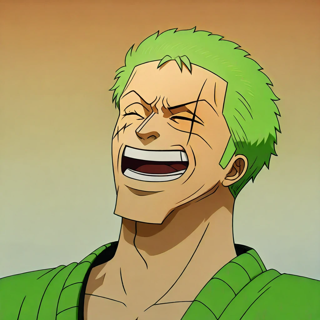 masterpiece, best quality, newest, absurdres, highres, anime, anime style, JJJlaughV1.1 laugh, head leaning back, open mouth, closed eyes, head leaned back, leaned back, 1boy, Zoro /(one piece/), green hair, one closed eye, one eye open, scar over eye,