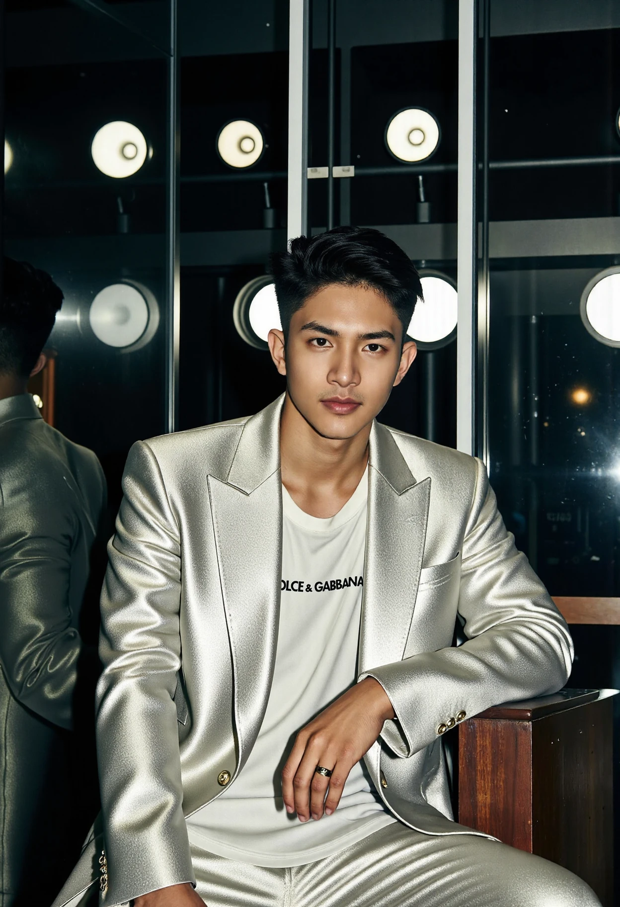 aws_1, XUER photographic film. Fashion photoshoot. Close up portrait of Gunn Nakarin, a handsome young Thai male fitness model. He is in an elegant Bangkok nightclub of glass and steel, modelling a "Dolce & Gabbana" branded platinum lame tailored suit over a simple white t-shirt. His skin is and smooth and dark tan. He is looking directly at the viewer, engaging them with a boyish charm. His black hair is short and glossy, perfectly styled. His boyish charm and sex appeal are palpable. The viewer cannot help but be drawn in by his powerful sensuality. The club is dark and dimly-lit. Multiple directional spotlights cast light and shadow that highlight his chiseled features and muscles, giving the image depth. Light reflections on glass.