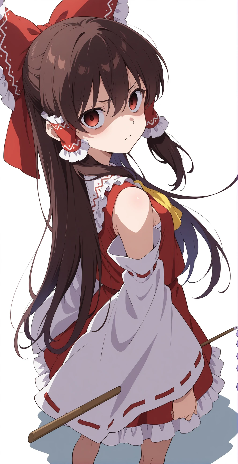 looking at viewer, red eyes, simple background, killer look, furious, yandere,
absurdres, highres, masterpiece, best quality, amazing quality, official anime artwork, screencap, anime screencap,
<lora:Hakurei-Reimu_Illustrious:1> hakurei reimu, 1girl, solo, long hair, brown hair, brown eyes, bangs, sidelocks, hair between eyes, small breasts,, bow, hair bow, hair tubes, red bow, ascot, frilled bow, yellow ascot, ribbon-trimmed detached wide sleeves, red skirt, ribbon trim, closed mouth, serious,