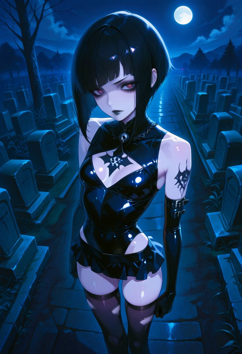 absurdres, masterpiece, best quality, very aesthetic, HDR, 8K, ultra-detailed, anime, 748cmstyle, cemetery, outdoor, night, moon, from above,
1girl, SadisTrix, solo, inverted bob hair, black hair, pale skin, skinny, arm tattoo, makeup, black lips, small breasts, gothic, latex legwear, torn thighhighs, shiny clothes, elbow gloves, latex, tight bra, mini skirt, leotard, high heels, thigh strap, skindentation, shiny skin, dominant female, ((skinny)),),